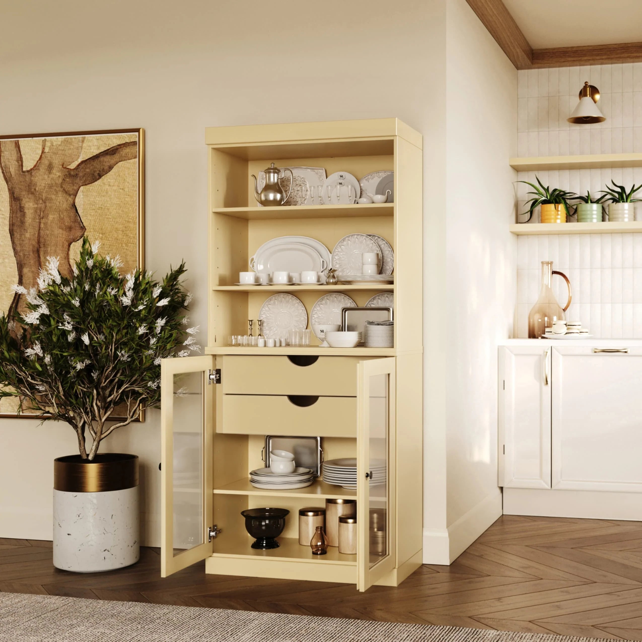100% Solid Wood Kitchen Pantry Cabinet with 2 Clear Glass or Solid Wood Doors and 2-Drawer Organizer by Palace Imports