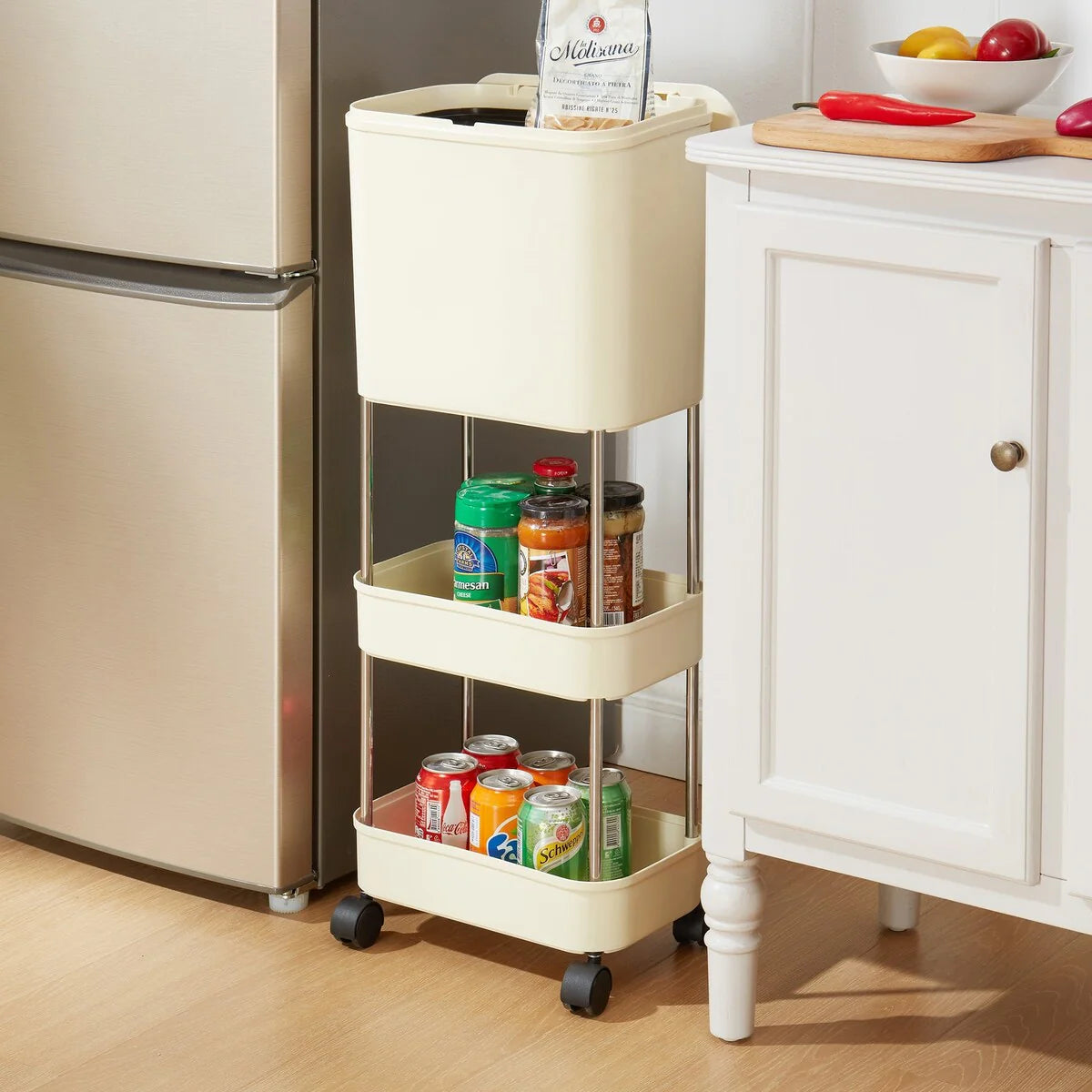 Rolling Utility Cart with Trash Cans, Movable Kitchen Garbage Can with Pop-up Lid and Wheels for Kitchen Bathroom Home Office