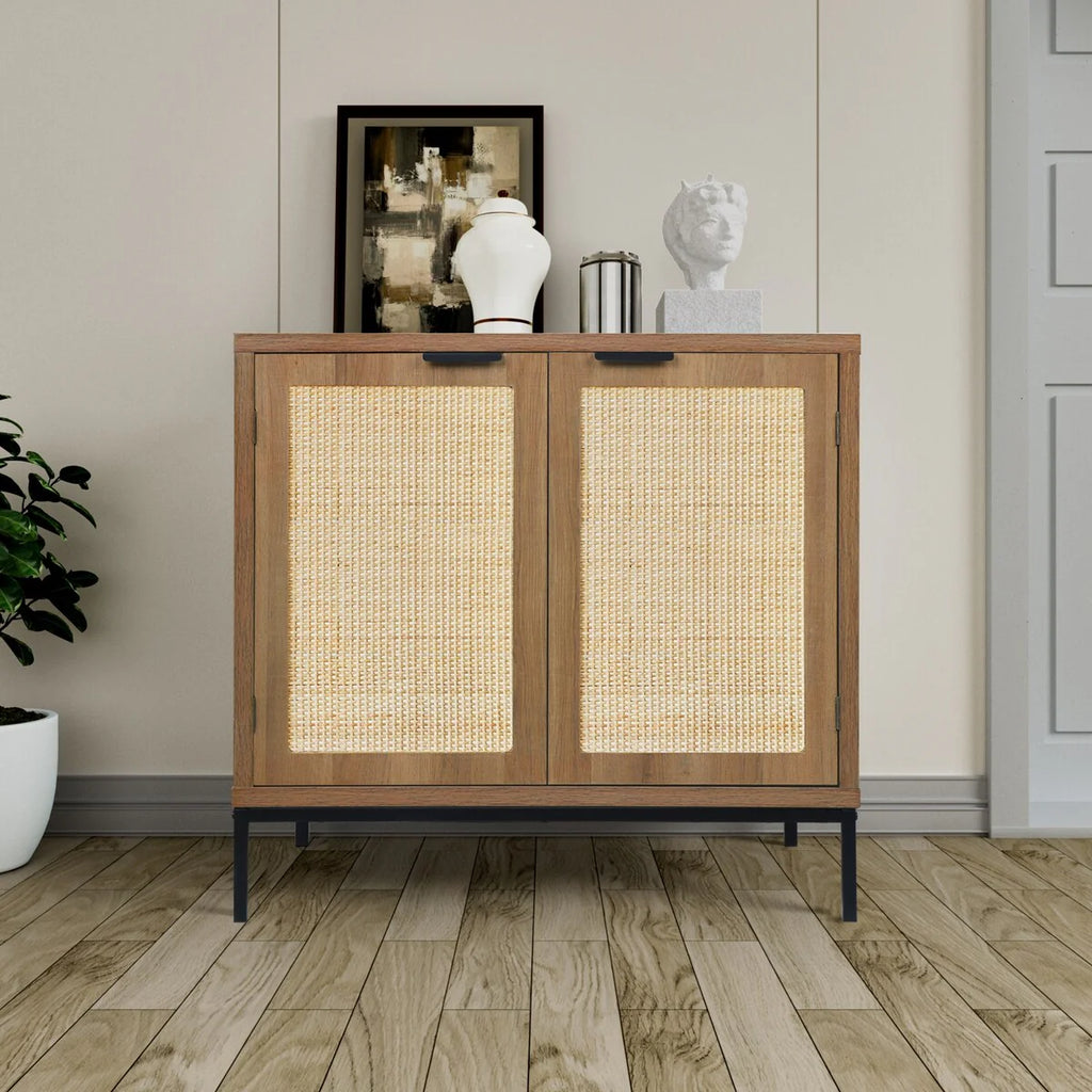 Anmytek Mid-Century Modern Rattan Accent Storage Cabinet Wood Sideboard Buffet with 2 Doors