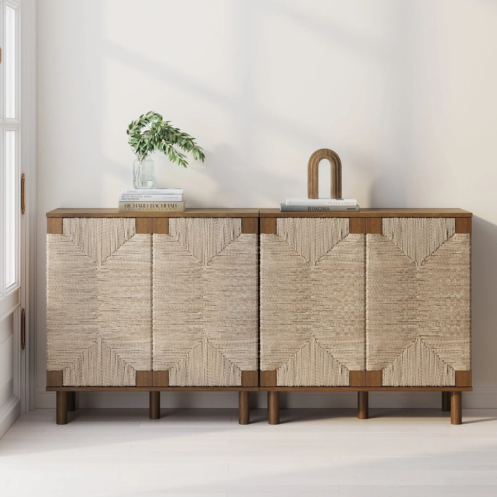 Nathan James Beacon Wood Accent Cabinet with Seagrass Doors and Adjustable Shelf