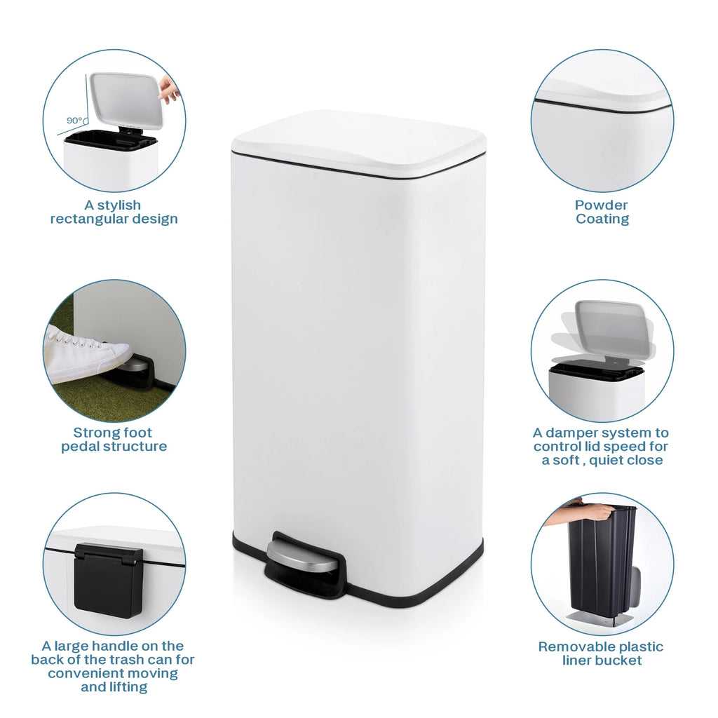 Innovaze 8 Gal./30 Liter Rectangular Matt White step-on Trash Can for kitchen