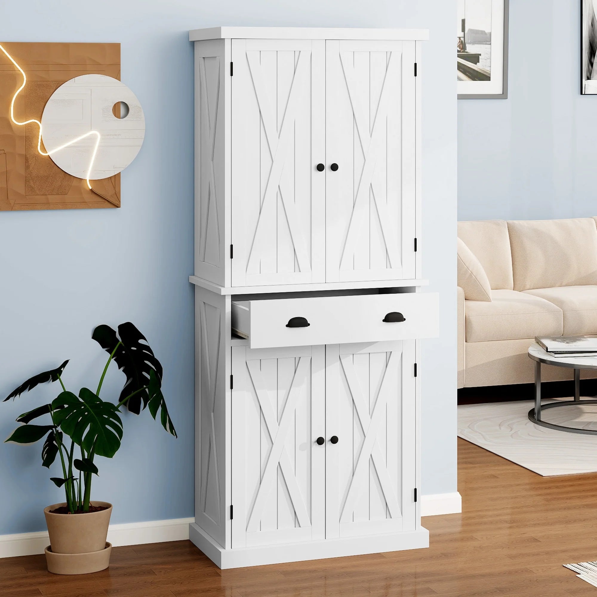 Moasis Farmhouse Freestanding 72'' Kitchen Pantry Storage Cabinet Cupboard with Drawer Adjustable Shelves
