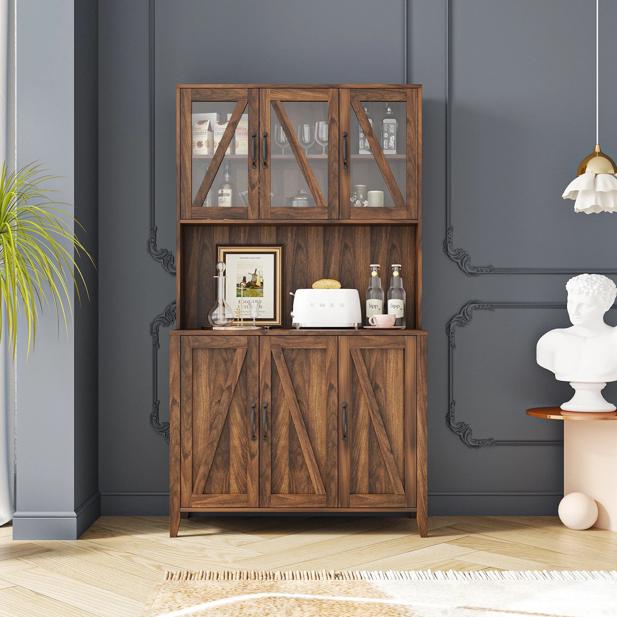 Pantry Storage Cabinet with Glass Doors - N/A