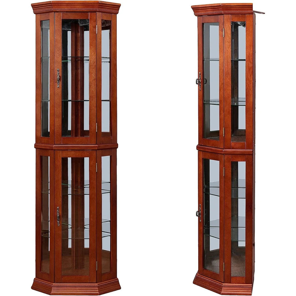 Corner Curio Cabinet with Lights Adjustable Tempered Glass Shelve