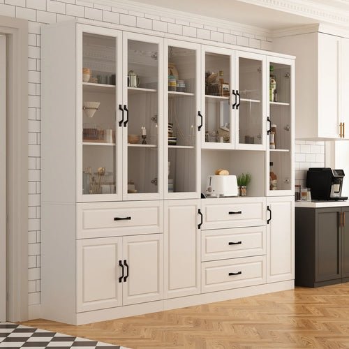 78.7"Modular White Curio Bookcase Cabinet w/Glass Doors Buffet Display