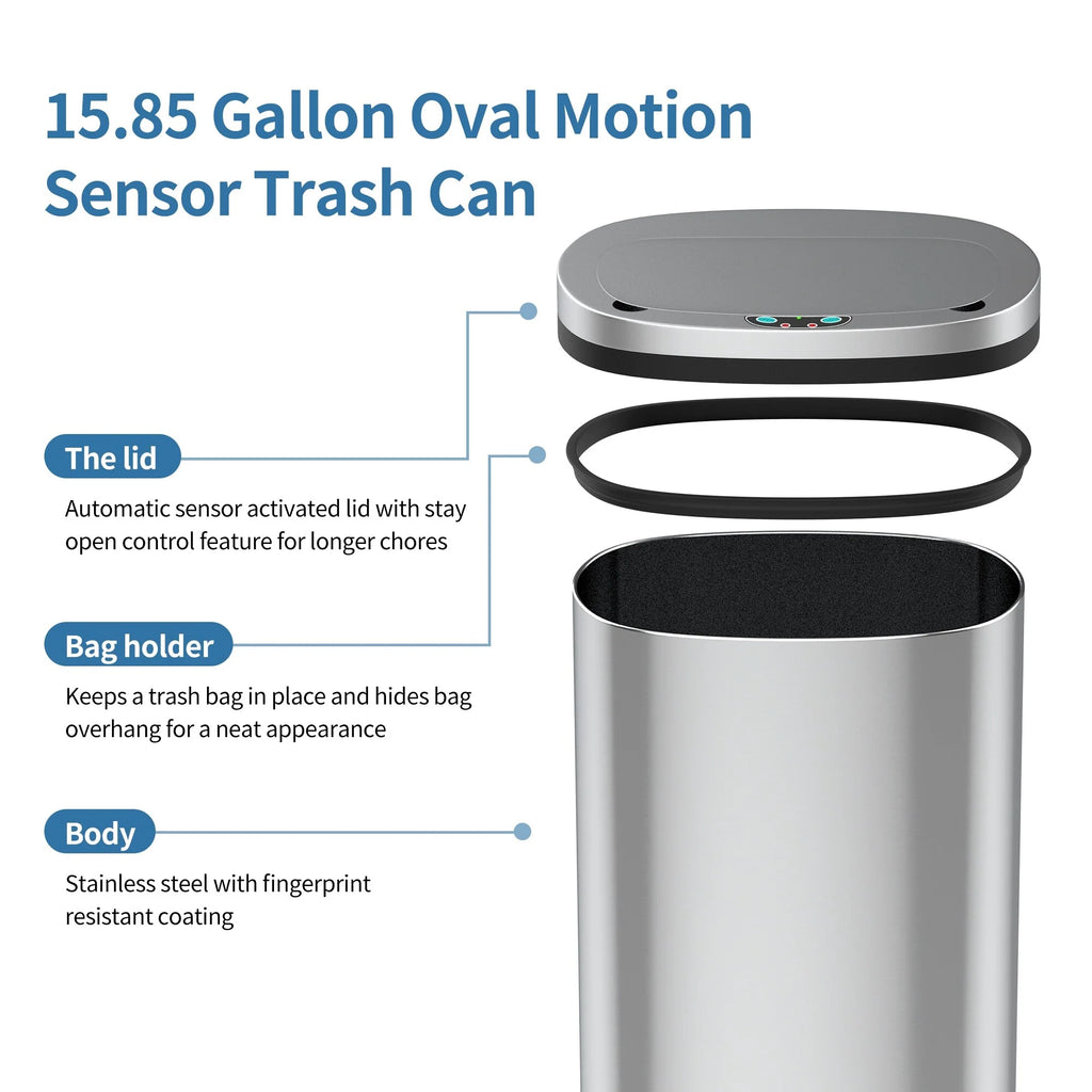 Innovaze 15.6 Gal./60 Liter Stainless Steel Oval Motion Sensor Trash Can for Kitchen