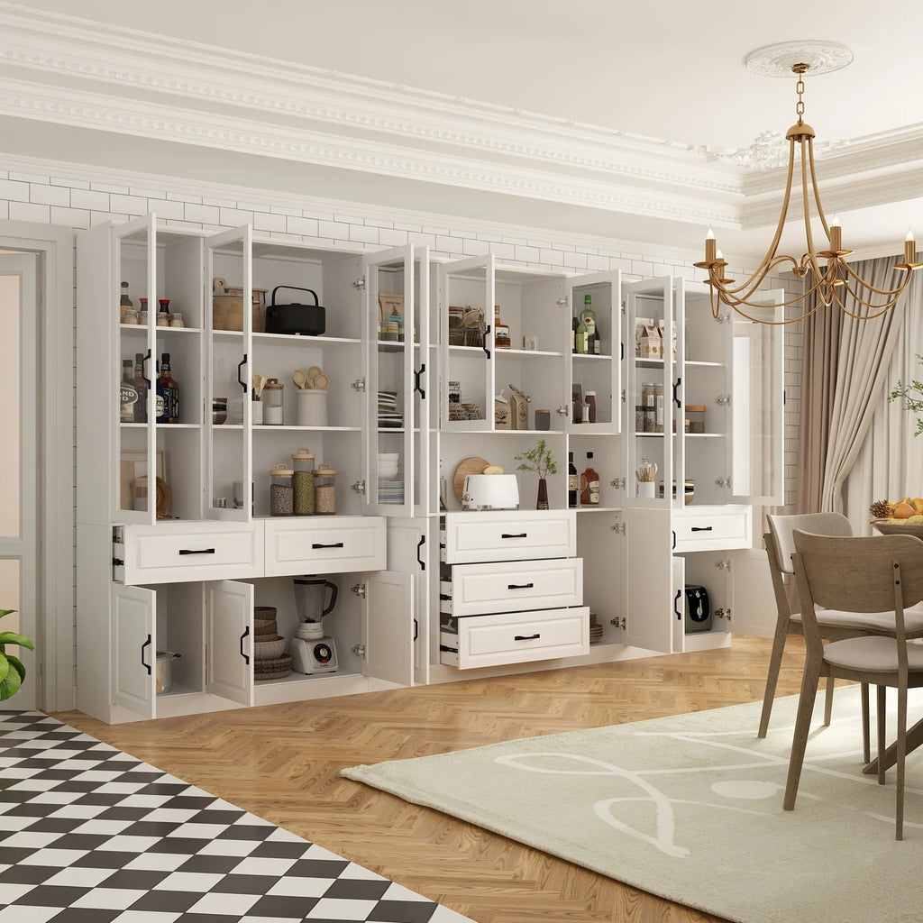 78.7"Modular White Curio Bookcase Cabinet w/Glass Doors Buffet Display