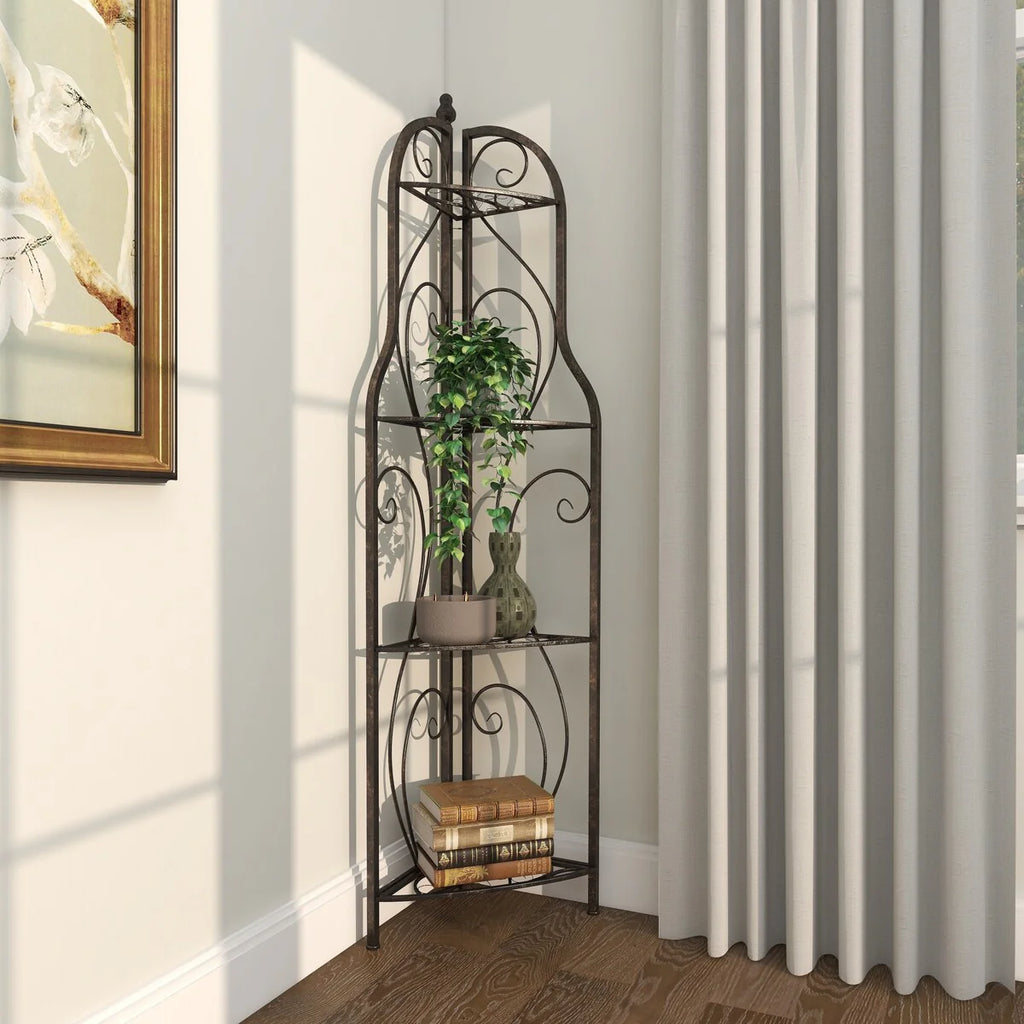 Metal Scroll Indoor Outdoor Arched Tall Folding Corner 4 Shelf Bakers Rack - Black - Roche River Decor