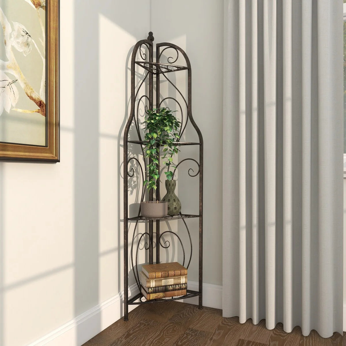Metal Scroll Indoor Outdoor Arched Tall Folding Corner 4 Shelf Bakers Rack - Black - Roche River Decor