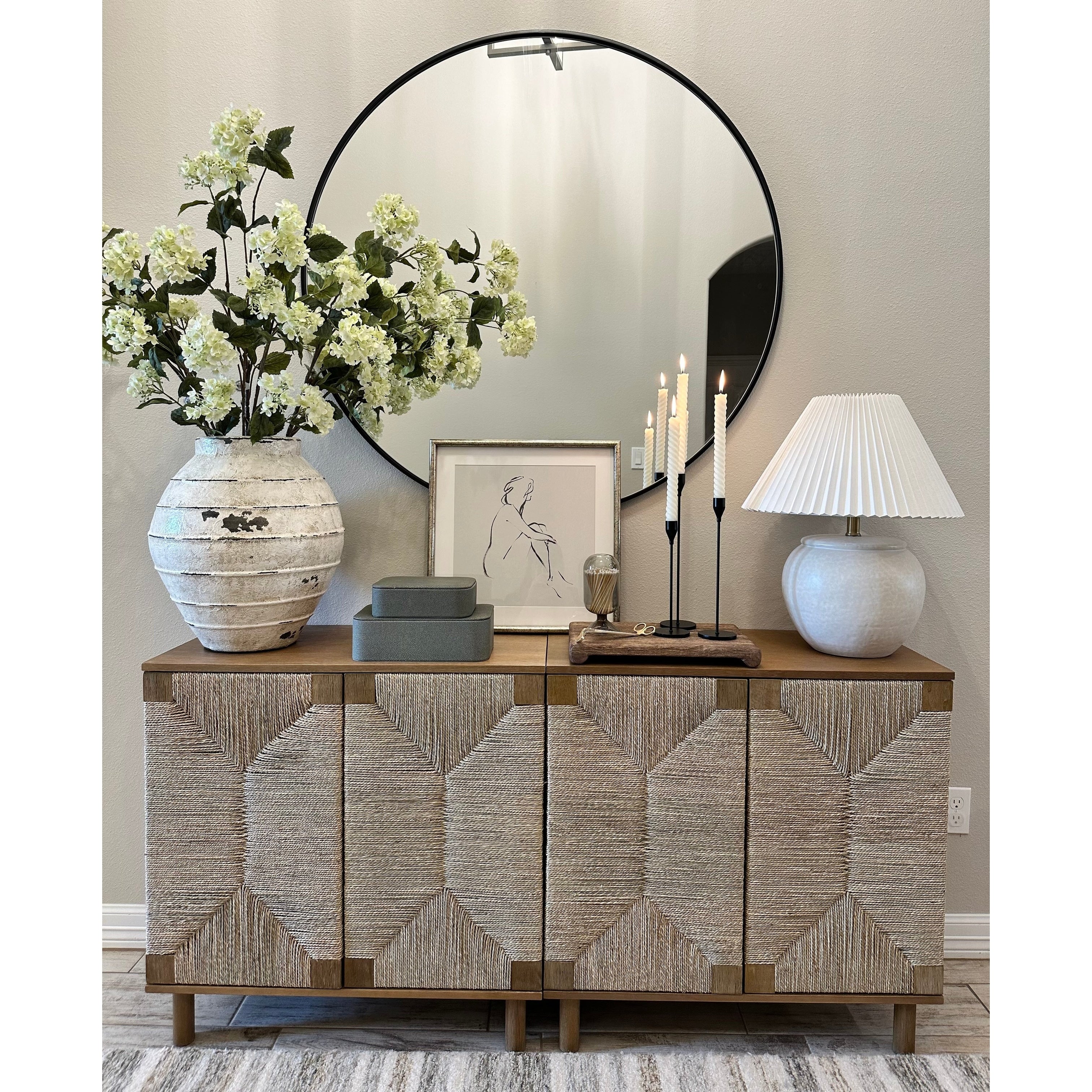 Nathan James Beacon Wood Accent Cabinet with Seagrass Doors and Adjustable Shelf