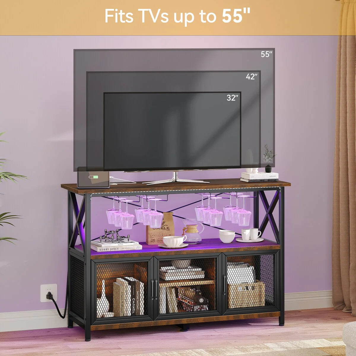 47" Wine Bar Cabinet with LED Lights Power Outlets Industrial Coffee Bar Cabinet - 47.2"L x 15.7"W x 33.4"H