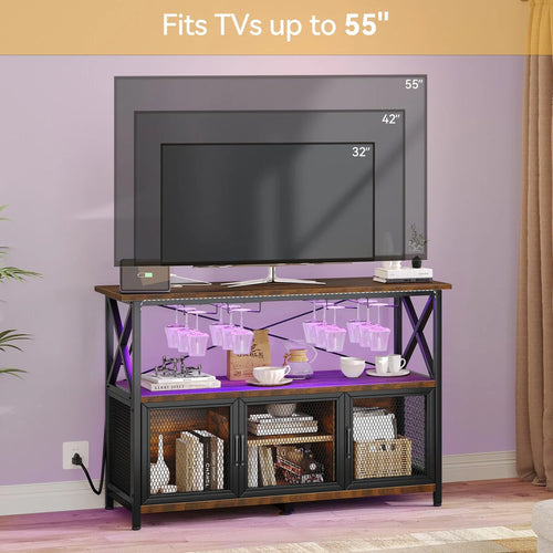 47" Wine Bar Cabinet with LED Lights Power Outlets Industrial Coffee Bar Cabinet - 47.2"L x 15.7"W x 33.4"H