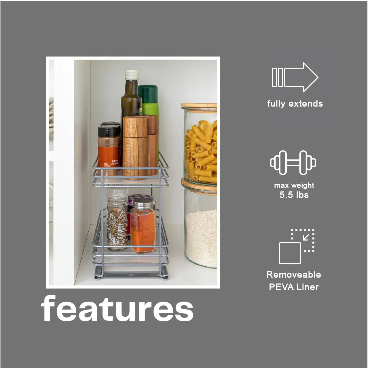 Household Essentials 2-Tier Brushed Nickel Spice Rack Organizer, Sliding Pantry Organizer