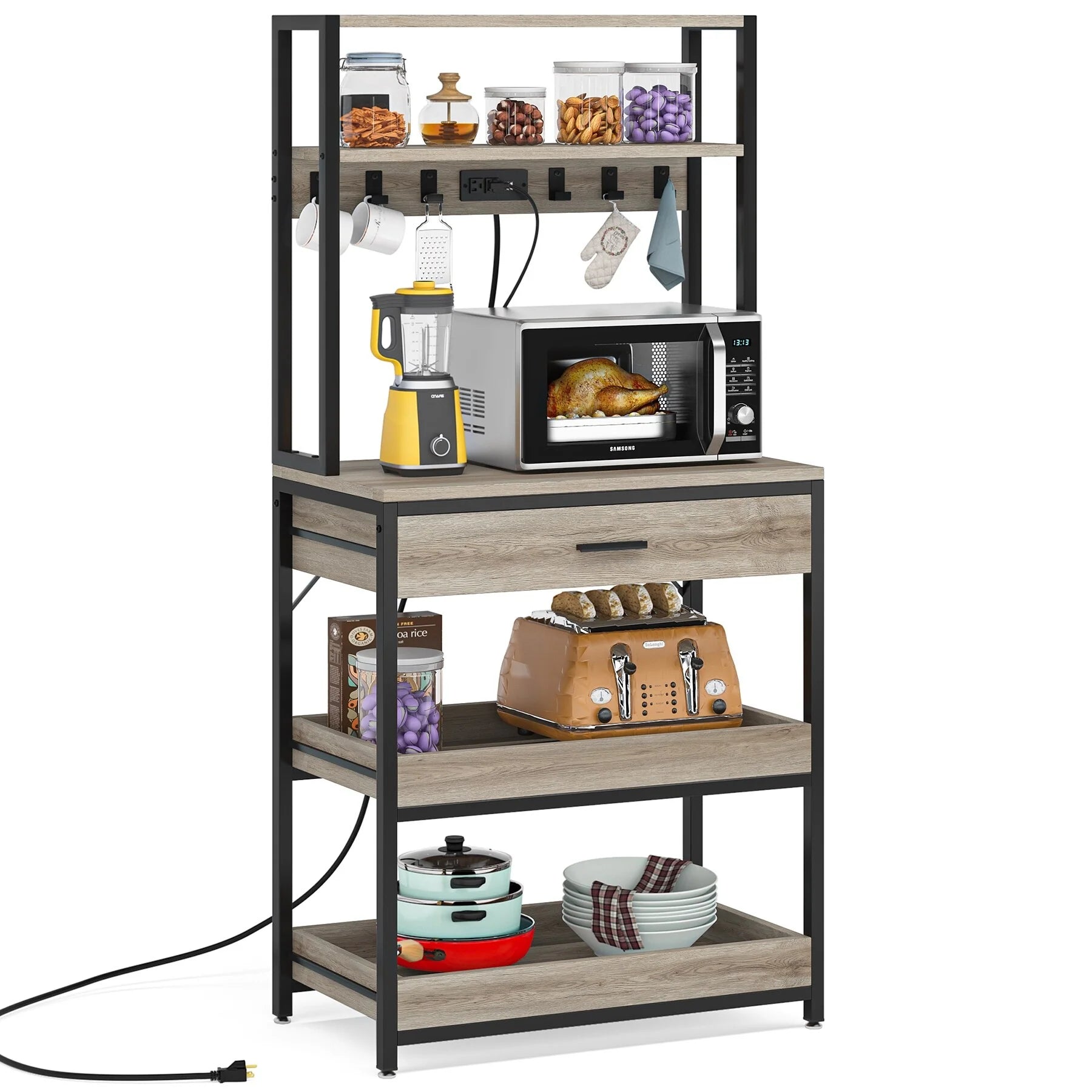 Kitchen Bakers Rack with Power Outlets, High Utility Storage Shelves Microwave Stand with Drawers