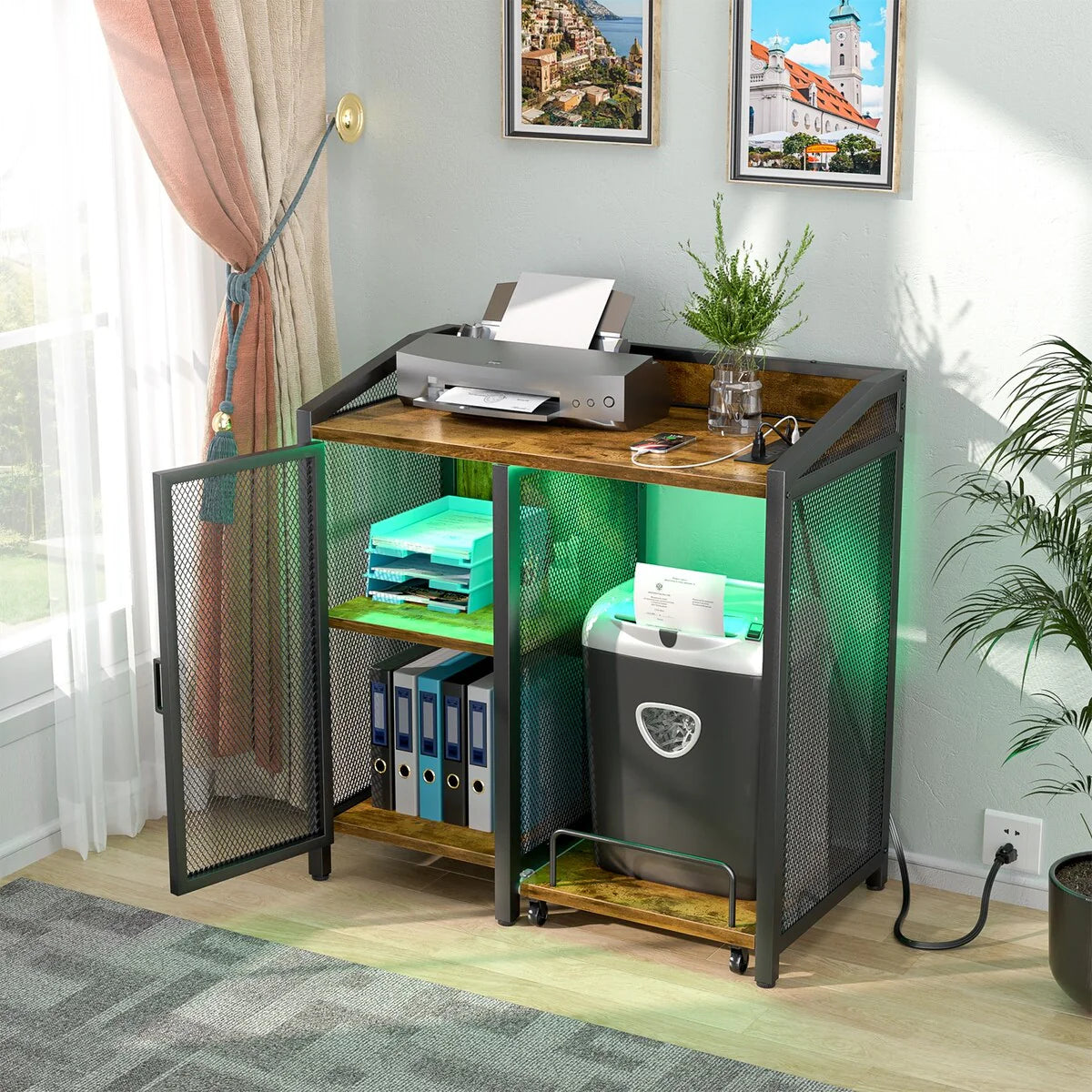 File Cabinet with Charge Station, Storage Cabinet with Paper Shredder Stand On Wheel