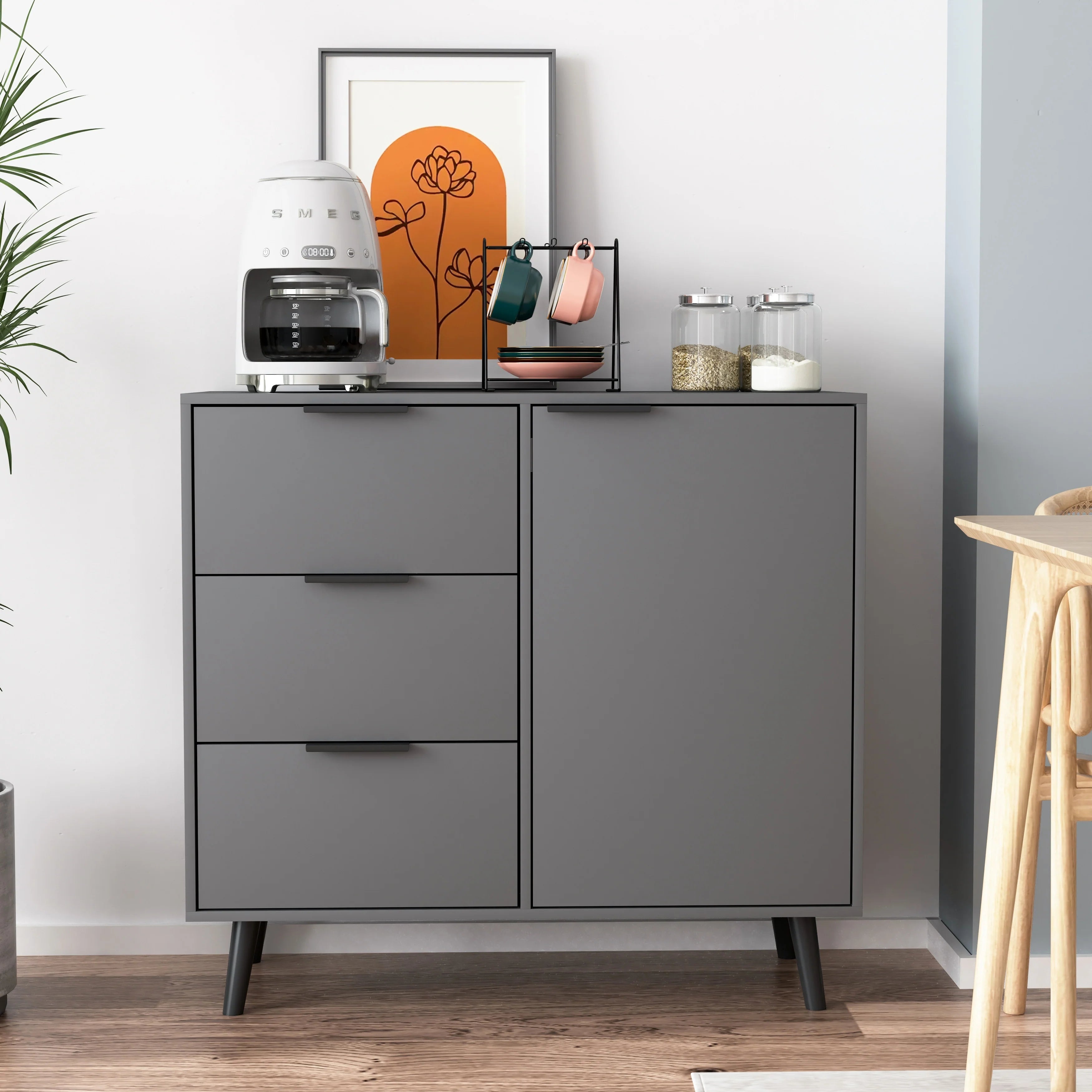 Sideboard Buffet Cabinet with Storage, Wood Coffee Bar Cabinet with Drawers & Doors