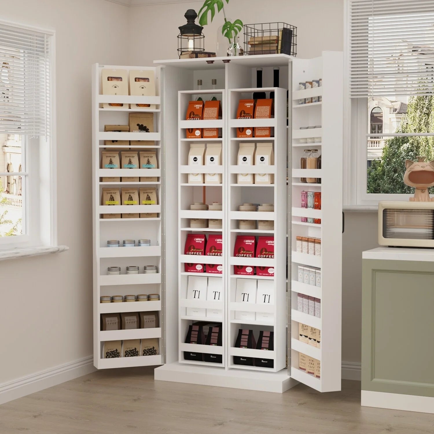 White Storage Cabinet: Kitchen Pantry, Buffet, Large 72.2"H Bookshelf
