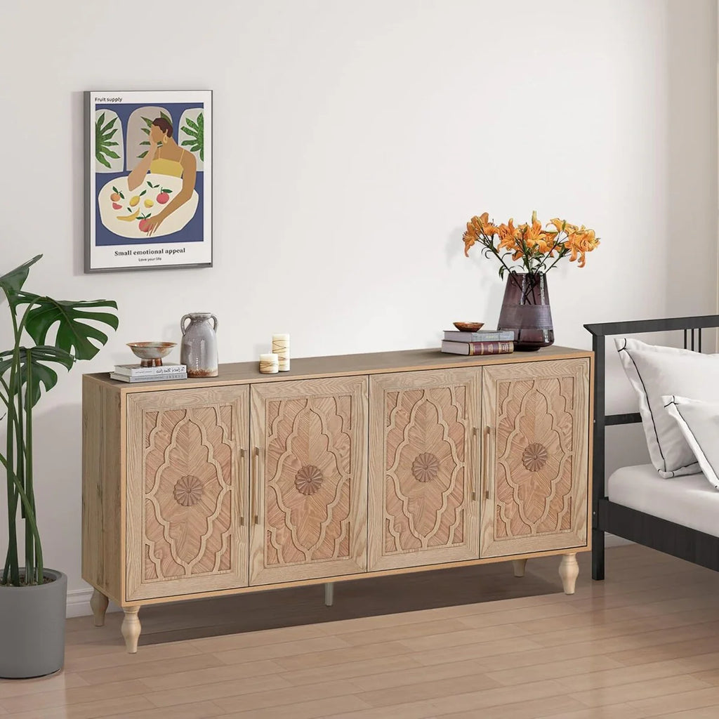Roomfitters Carved Flower Door Large Storage Cabinet with Metal Handle - Perfect for Living Room, Kitchen, Entryway