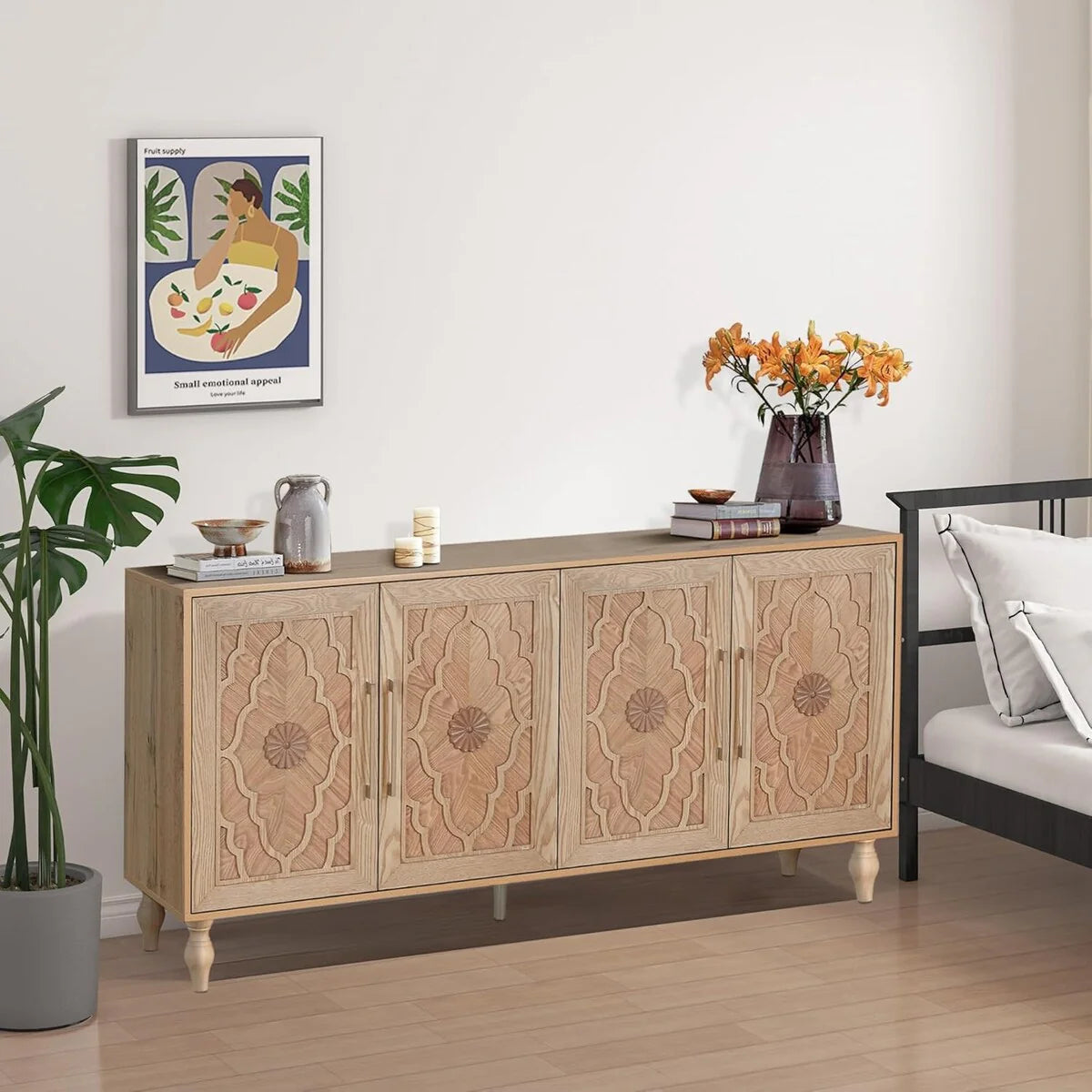 Roomfitters Carved Flower Door Large Storage Cabinet with Metal Handle - Perfect for Living Room, Kitchen, Entryway
