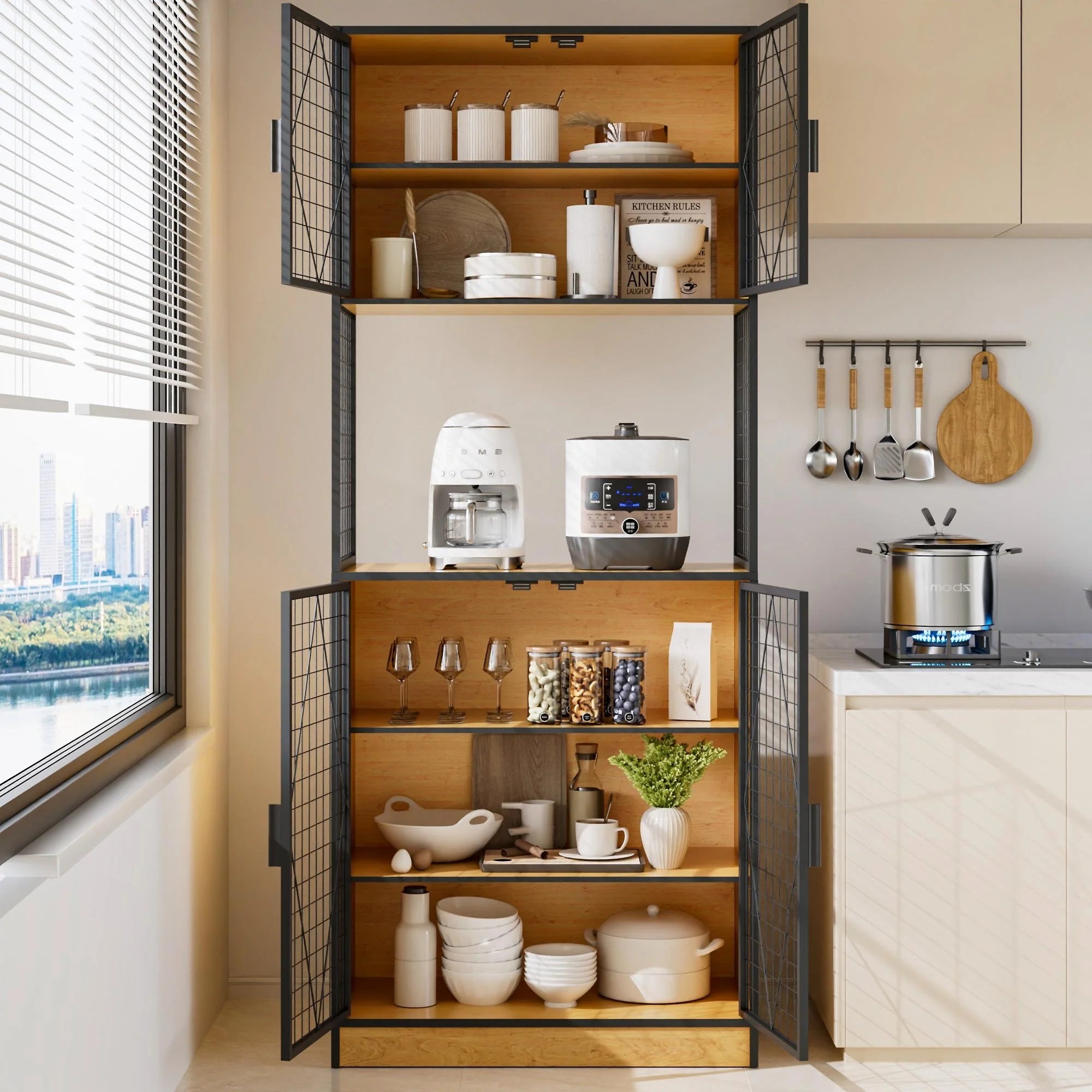 Javlergo 72" Kitchen Pantry Cabinet with Door and Shelves, Tall Kitchen Hutch Cabinet with Microwave Stand