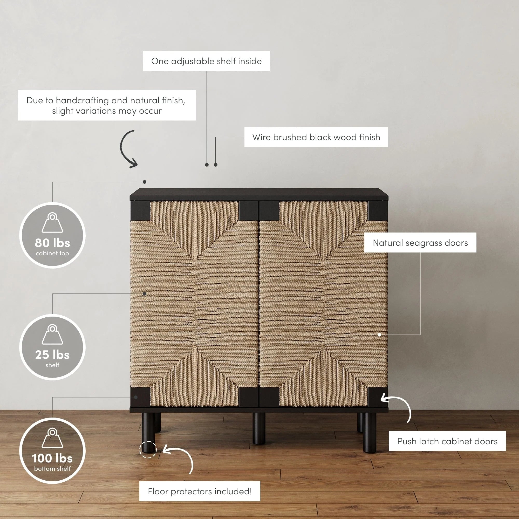 Nathan James Beacon Wood Accent Cabinet with Seagrass Doors and Adjustable Shelf