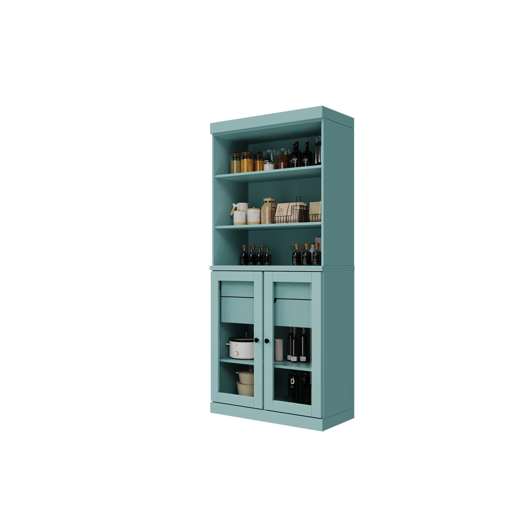 100% Solid Wood Kitchen Pantry Cabinet with 2 Clear Glass or Solid Wood Doors and 2-Drawer Organizer by Palace Imports