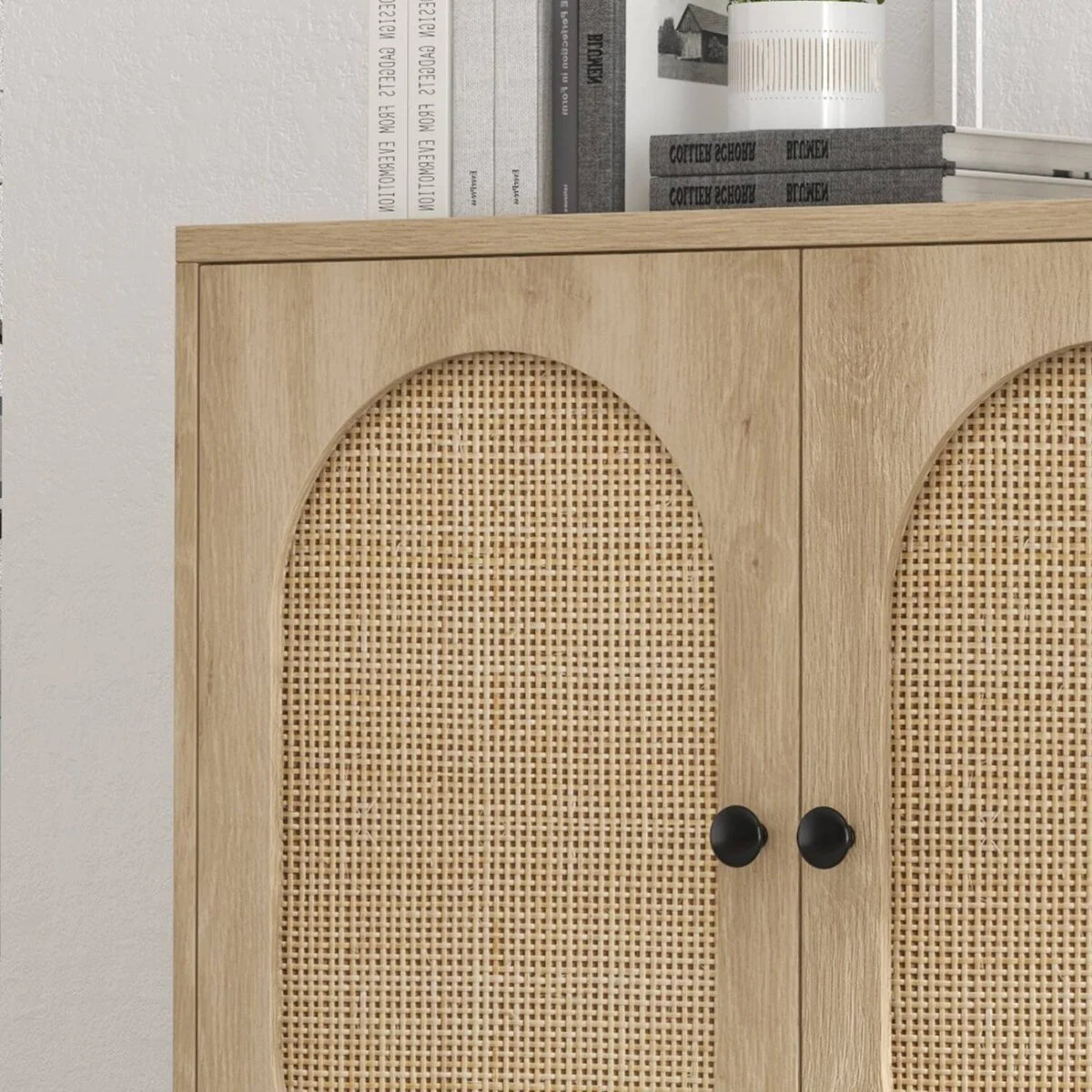 Beige Rattan Storage Cabinet with Doors and Shelves - N/A