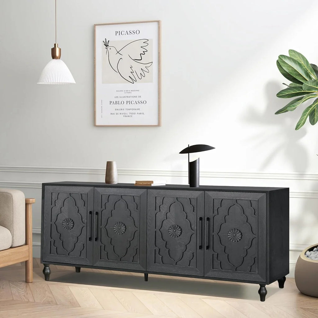 Roomfitters Carved Flower Door Large Storage Cabinet with Metal Handle - Perfect for Living Room, Kitchen, Entryway