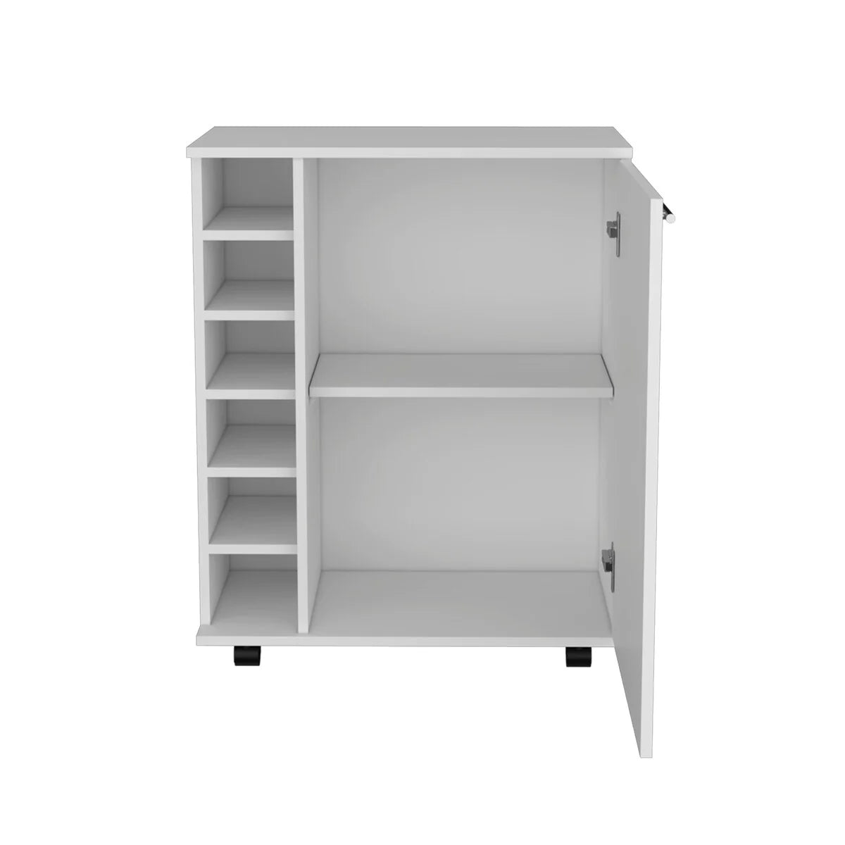 32" H white bar -coffee cart,living room cabinet storage with 4 wheels, with 6 bottle racks, a central shelf covered by 1 door