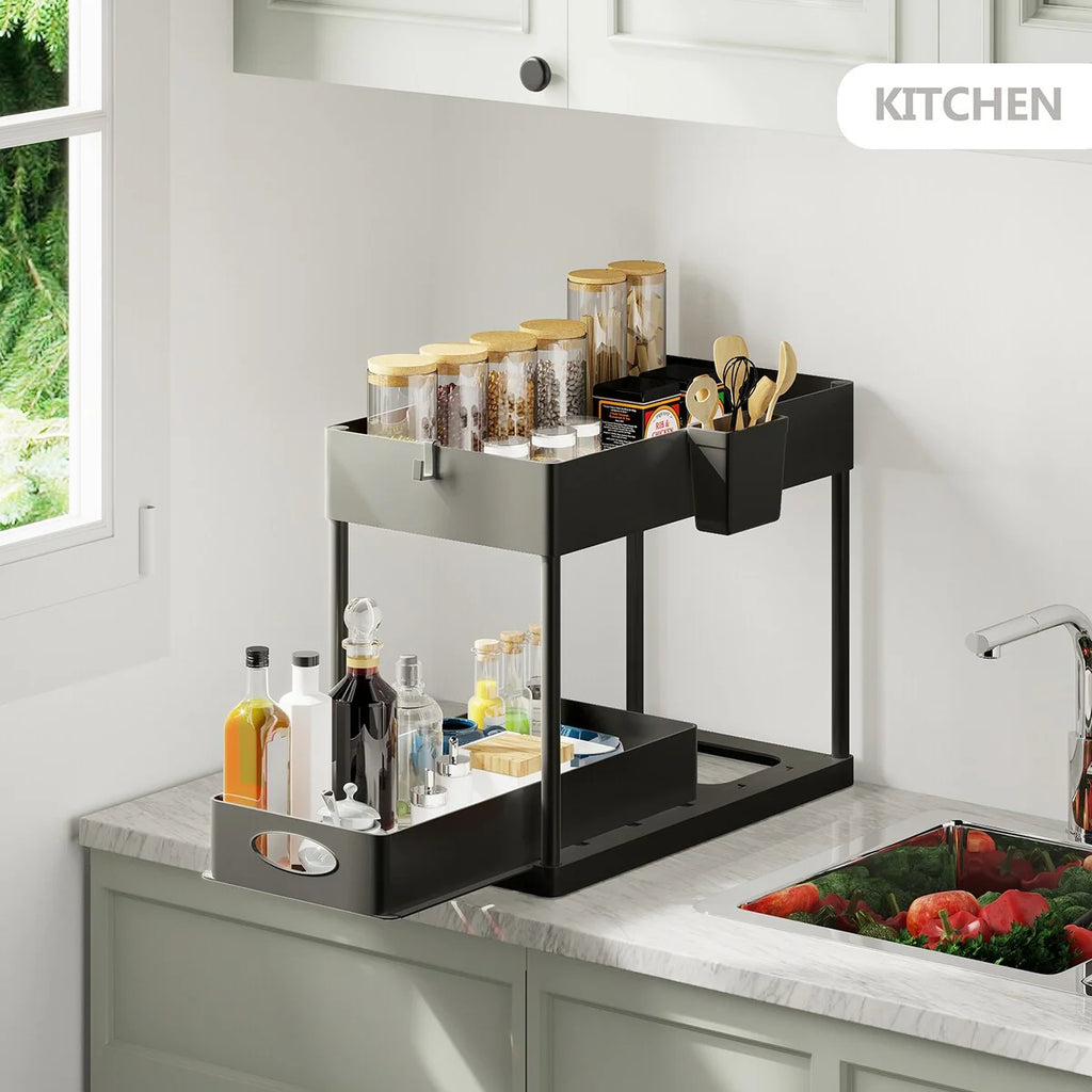 StorageBud 2 Tier Under Kitchen Sink Organizer with Sliding Drawer-Bathroom Cabinet Organizer with Utility Hooks and Side Caddy