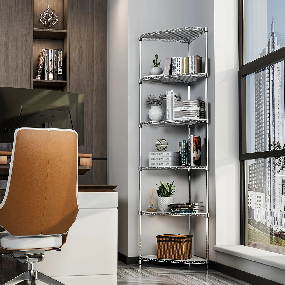 6 Tier Shelf Corner Wire Rack Pentagonal Shelves Adjustable Metal Heavy Duty Free Standing Corner Storage Display Chrome Rack