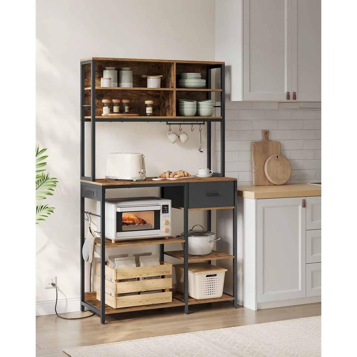VASAGLE Bakers Rack with Charging Station, Coffee Bar Stand with Adjustable Storage Shelves