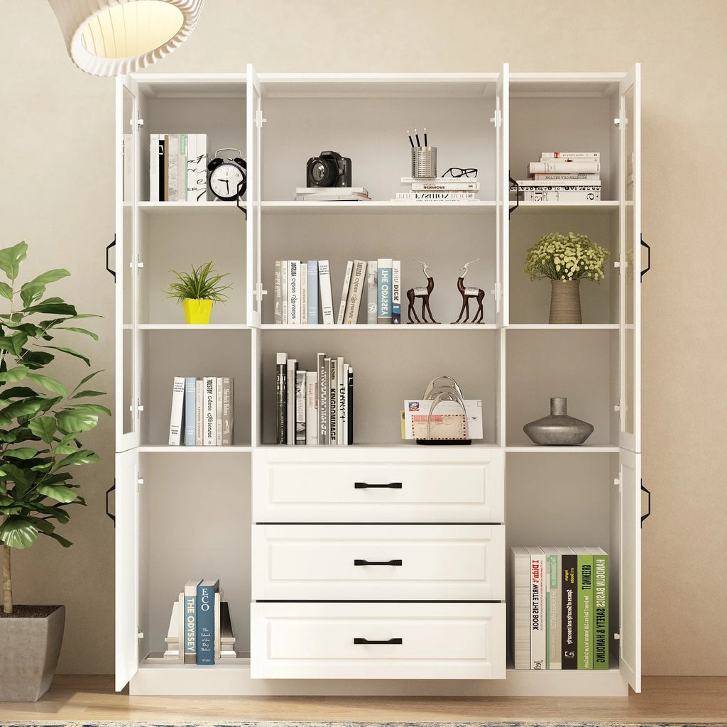 78.7"Modular White Curio Bookcase Cabinet w/Glass Doors Buffet Display