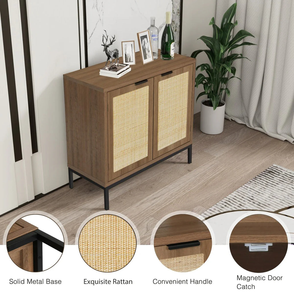 Anmytek Mid-Century Modern Rattan Accent Storage Cabinet Wood Sideboard Buffet with 2 Doors