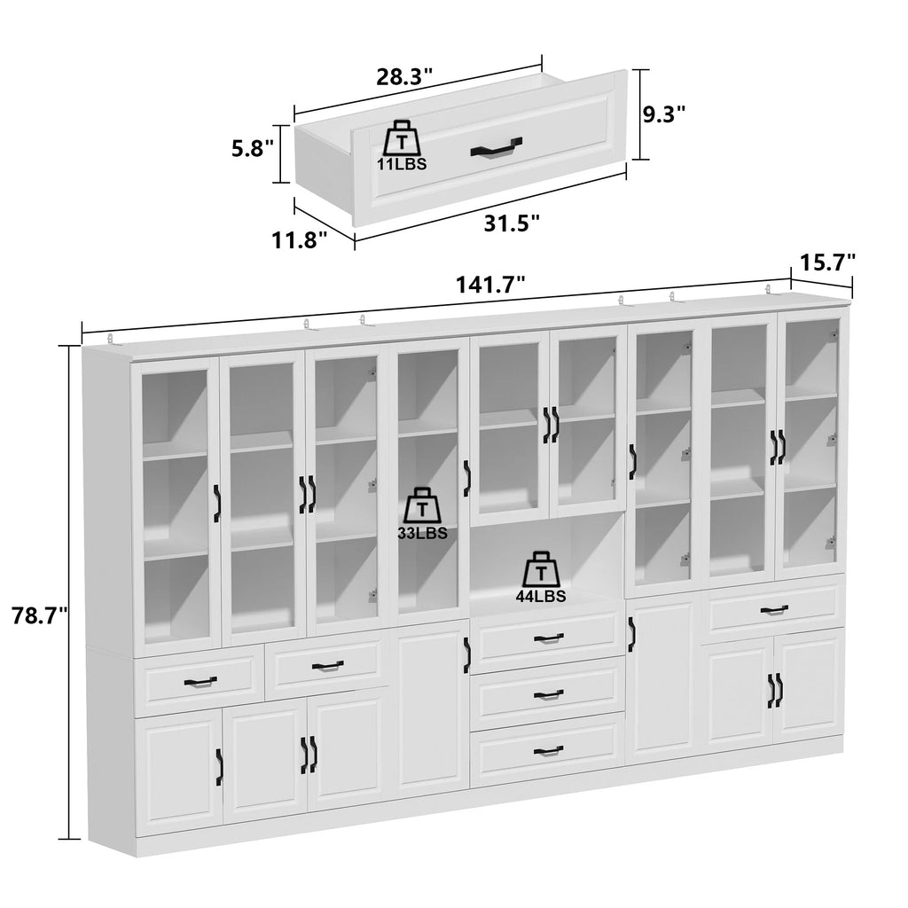 78.7"Modular White Curio Bookcase Cabinet w/Glass Doors Buffet Display