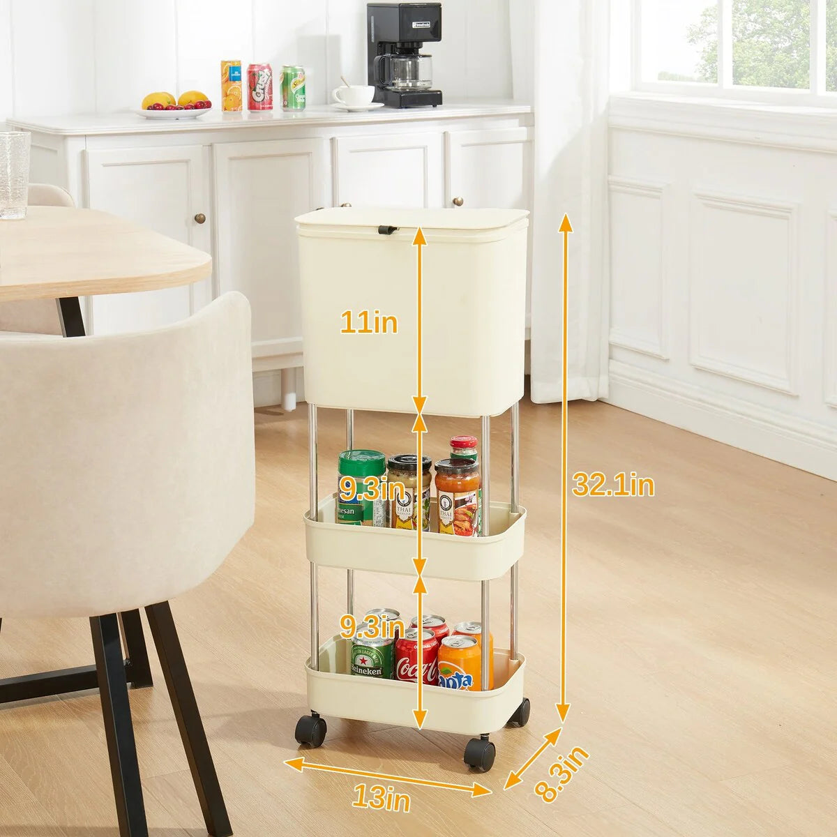 Rolling Utility Cart with Trash Cans, Movable Kitchen Garbage Can with Pop-up Lid and Wheels for Kitchen Bathroom Home Office