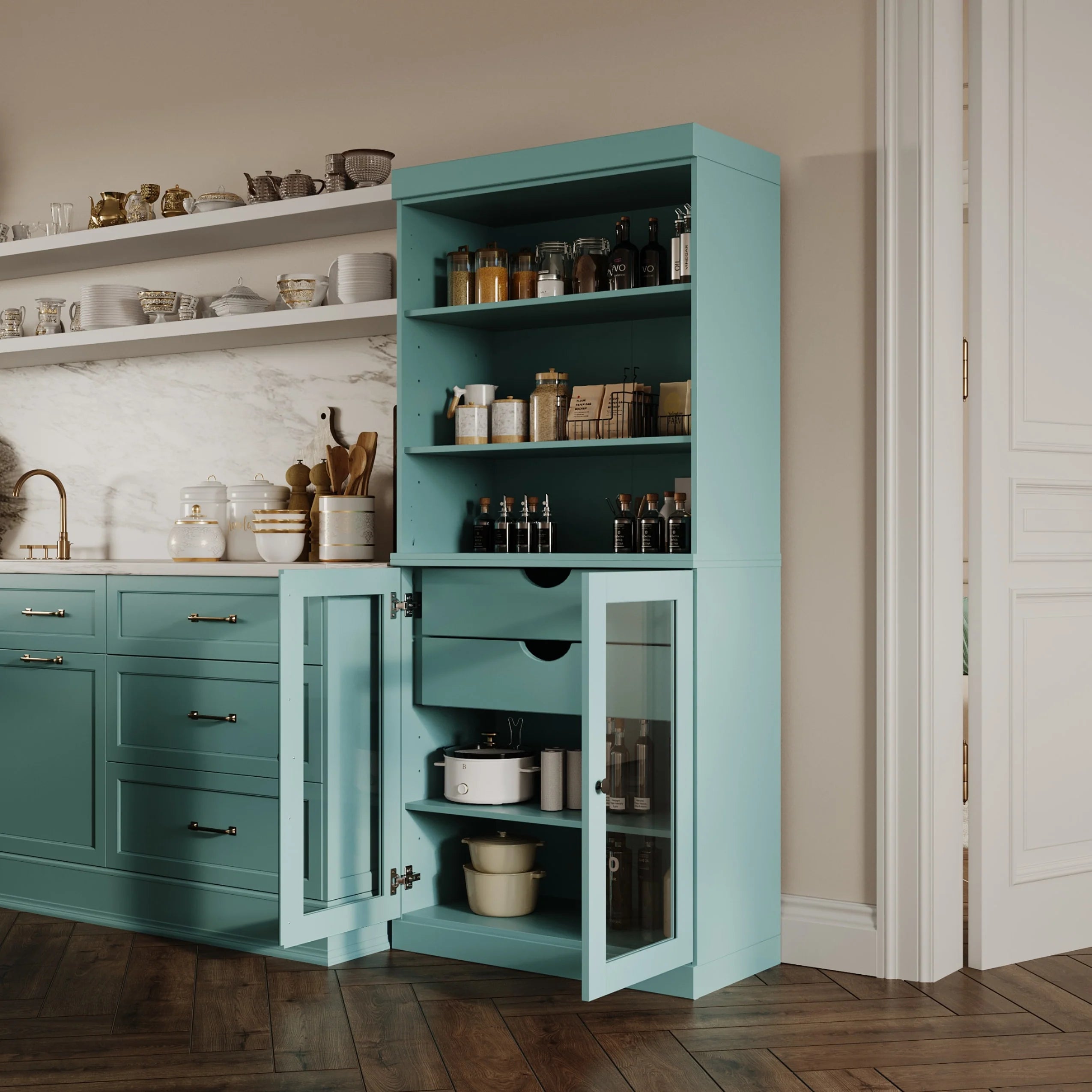 100% Solid Wood Kitchen Pantry Cabinet with 2 Clear Glass or Solid Wood Doors and 2-Drawer Organizer by Palace Imports