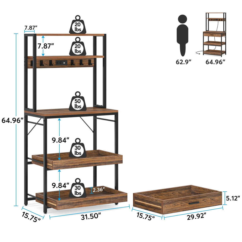 Kitchen Bakers Rack with Power Outlets, High Utility Storage Shelves Microwave Stand with Drawers