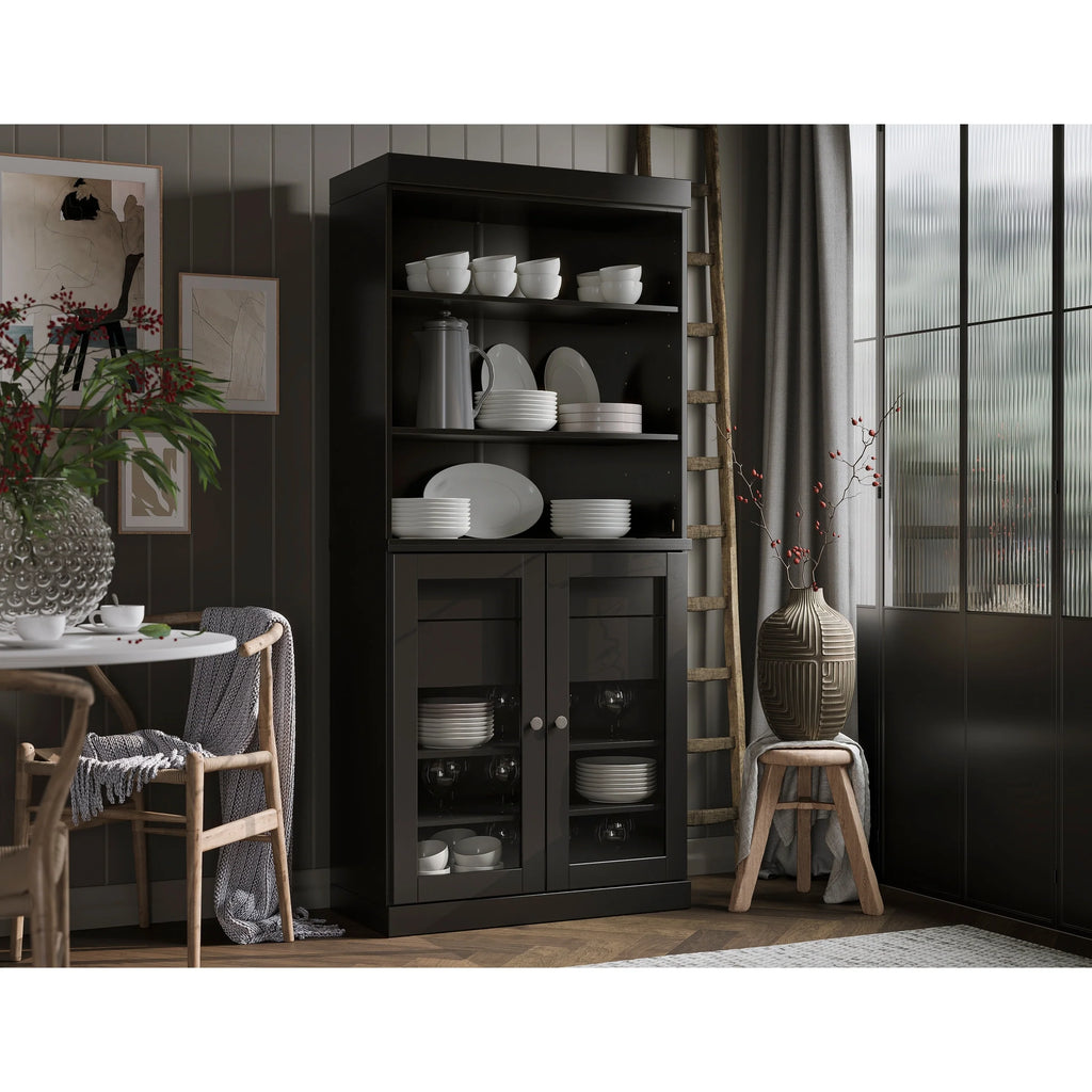 100% Solid Wood Kitchen Pantry Cabinet with 2 Clear Glass or Solid Wood Doors and 2-Drawer Organizer by Palace Imports