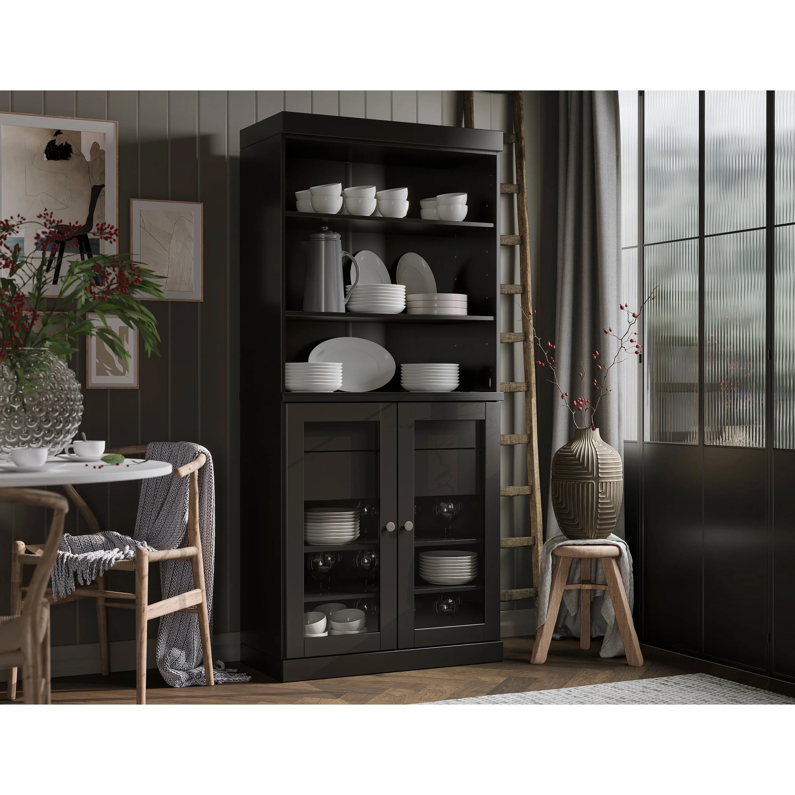 100% Solid Wood Kitchen Pantry Cabinet with 2 Clear Glass or Solid Wood Doors and 2-Drawer Organizer by Palace Imports