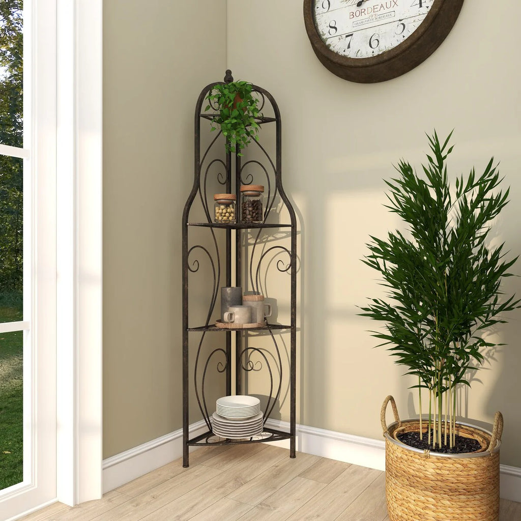 Metal Scroll Indoor Outdoor Arched Tall Folding Corner 4 Shelf Bakers Rack - Black - Roche River Decor