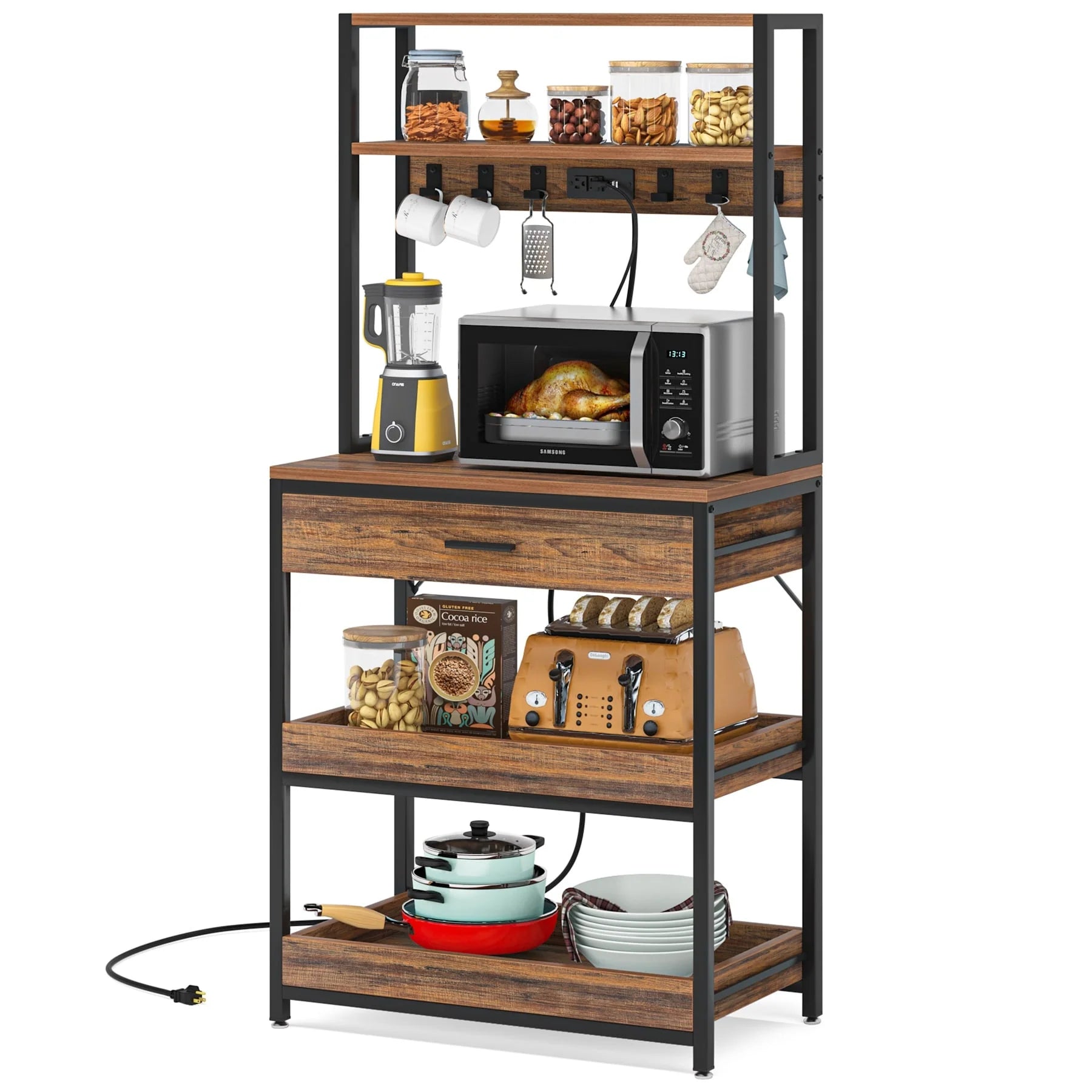 Kitchen Bakers Rack with Power Outlets, High Utility Storage Shelves Microwave Stand with Drawers