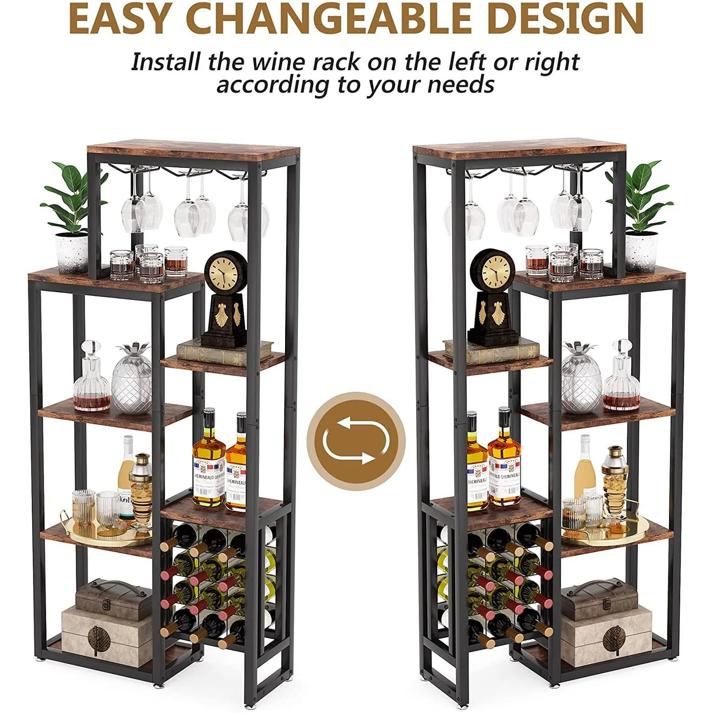 5-Tier Freestanding Floor Wine Baker Rack with Glass Holder & Wine Storage, Industrial Wine Display for Bar, Dining Room - N/A