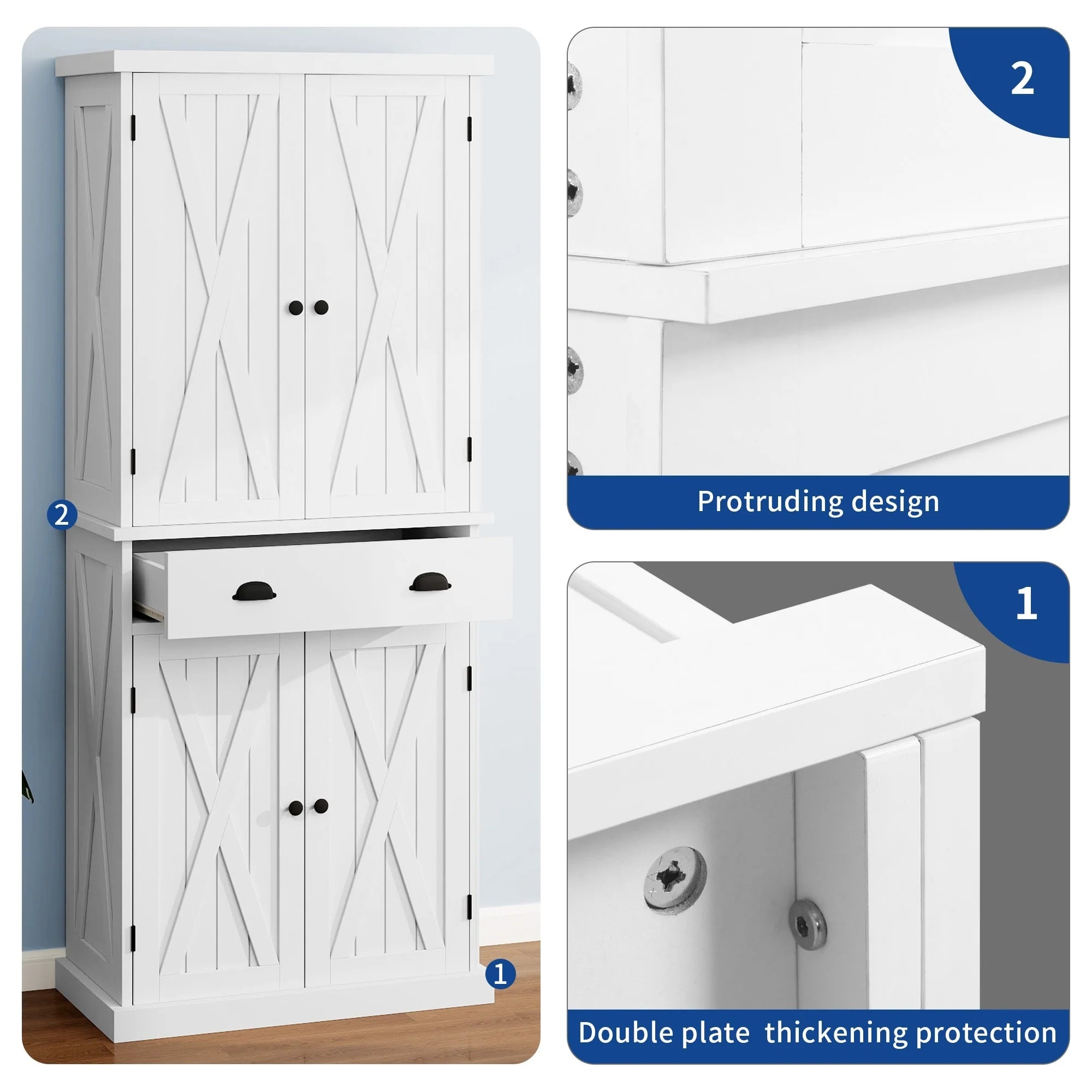 Moasis Farmhouse Freestanding 72'' Kitchen Pantry Storage Cabinet Cupboard with Drawer Adjustable Shelves