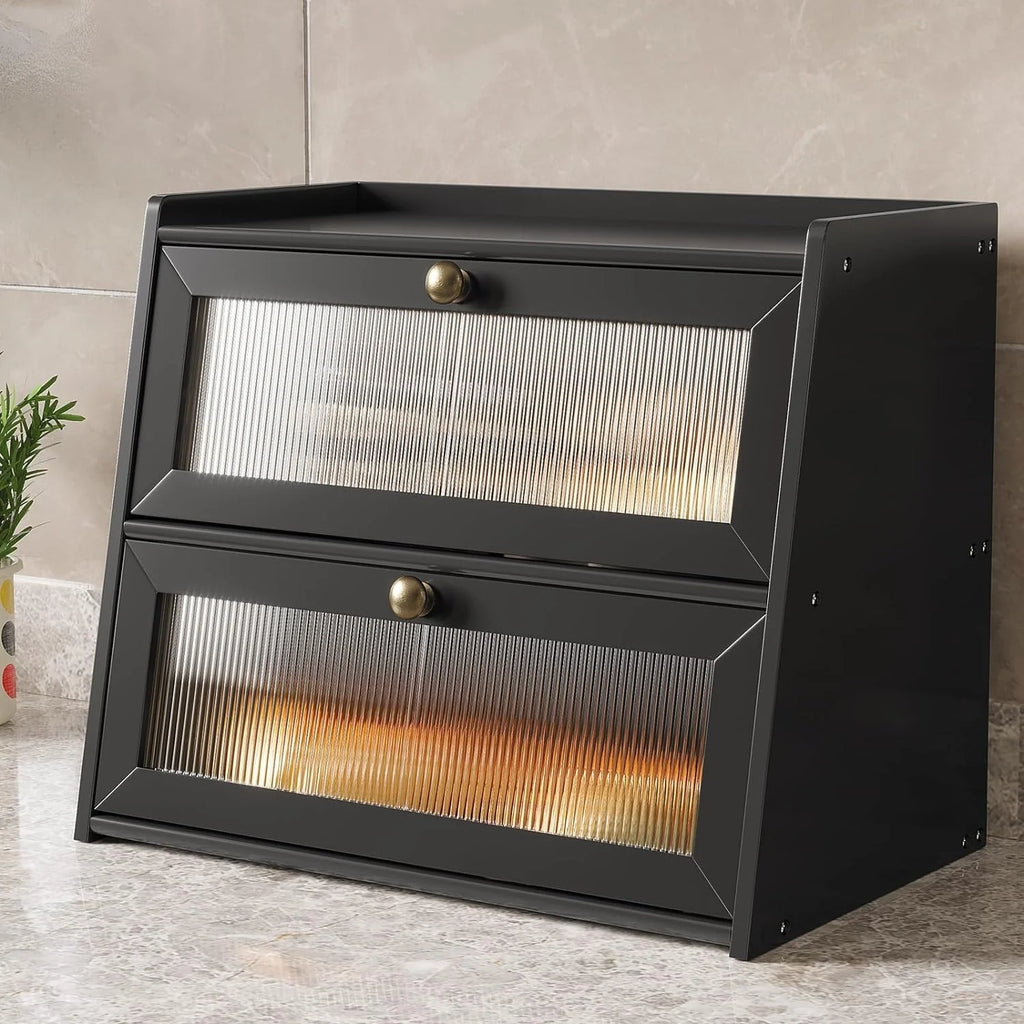 Double Layer Bamboo Bread Box for Kitchen Counter, Large Capacity Bread Storage Bin with Window Bread Holder.