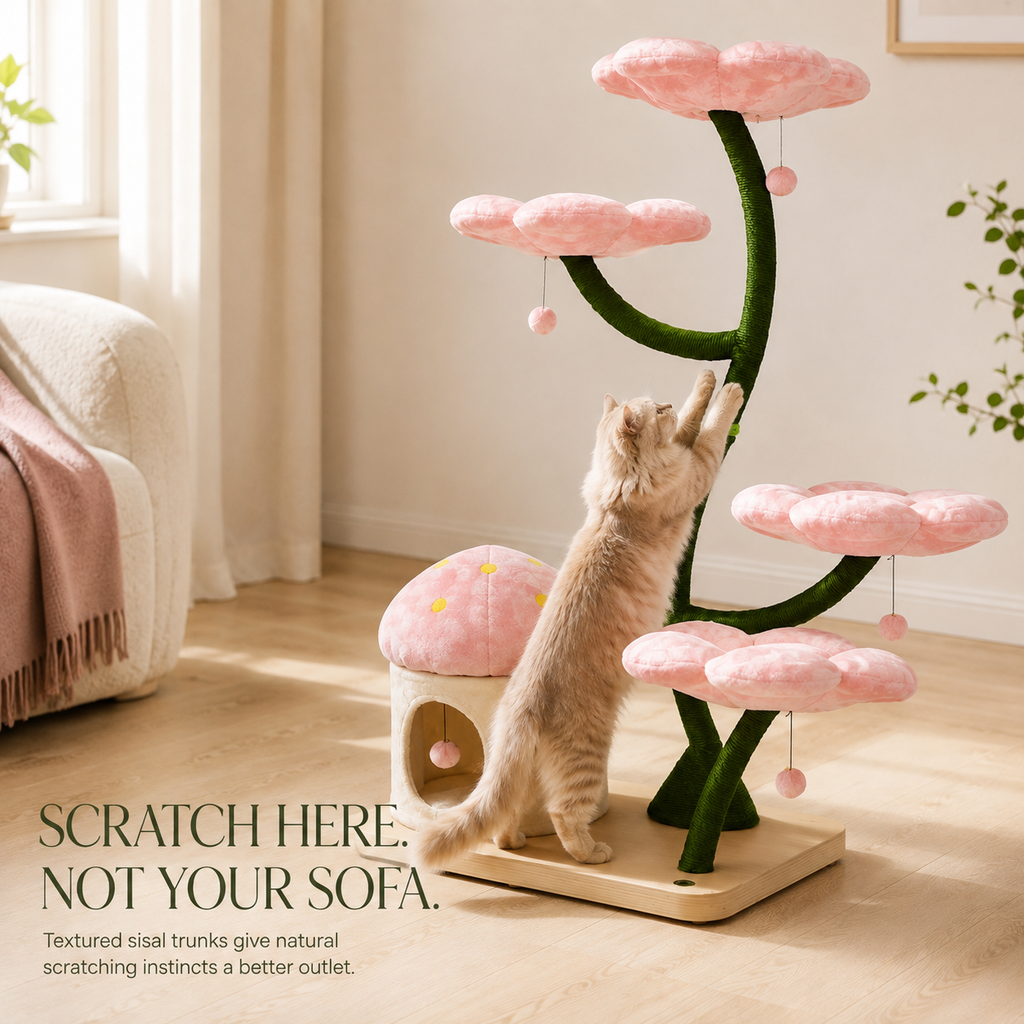 160cm Floral Garden Cat Tree with 4 Plush Flower Beds & Cozy Hideaway
