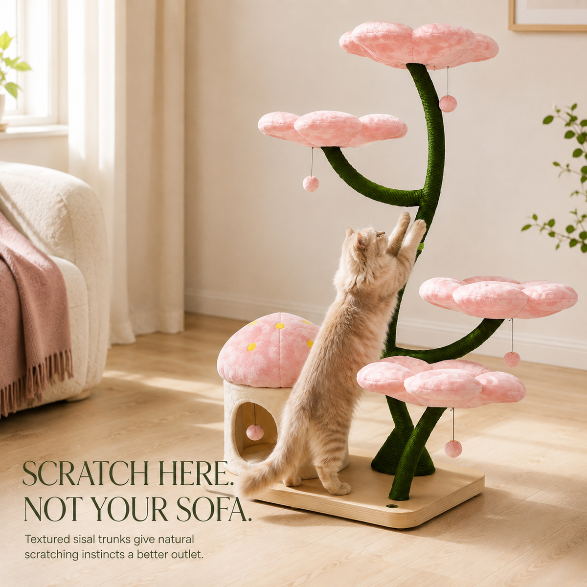 160cm Floral Garden Cat Tree with 4 Plush Flower Beds & Cozy Hideaway