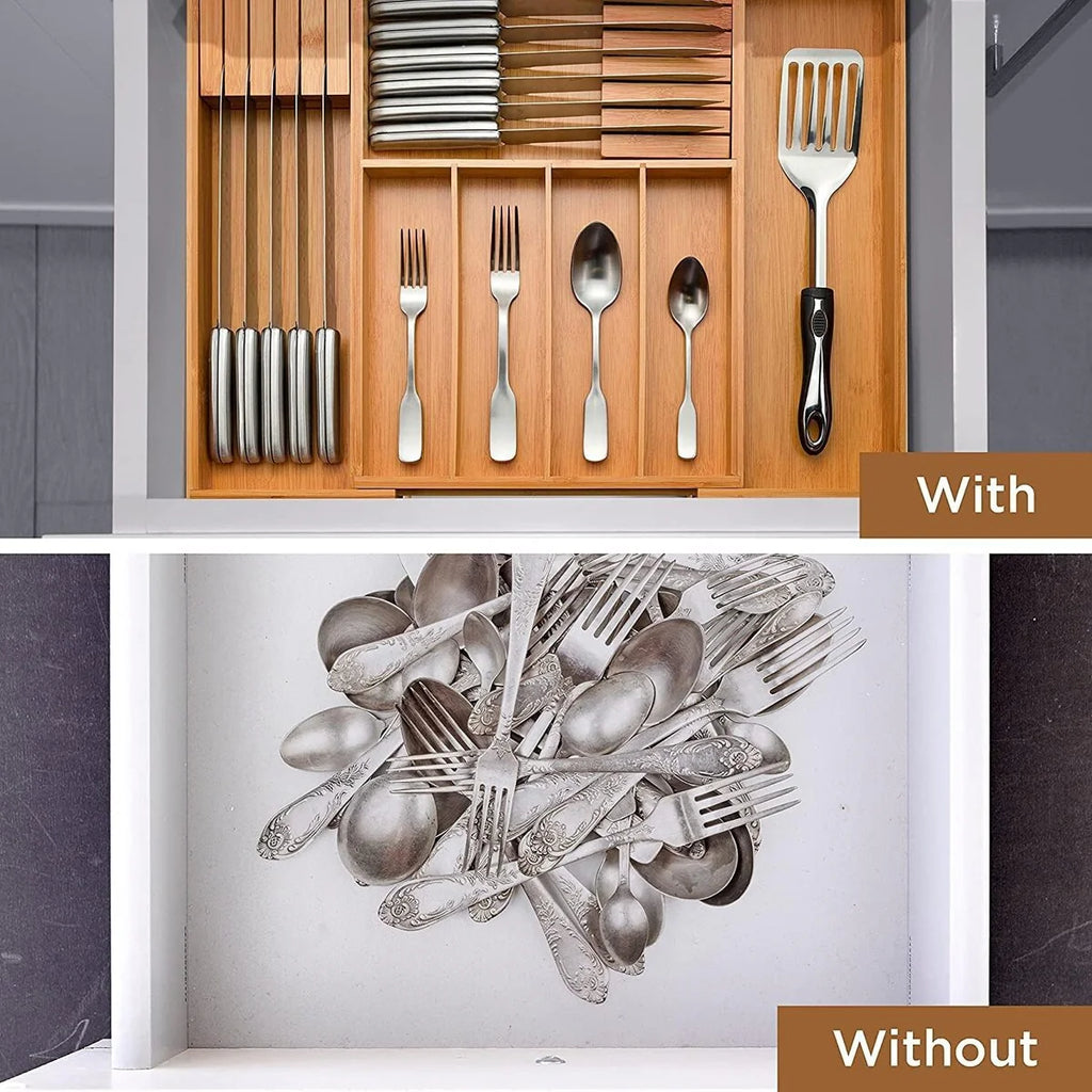 Utensil Organizer - Bamboo Expandable Silverware Organizer, Utensil Holder & Cutlery Tray with Divider and Removable Knife Block