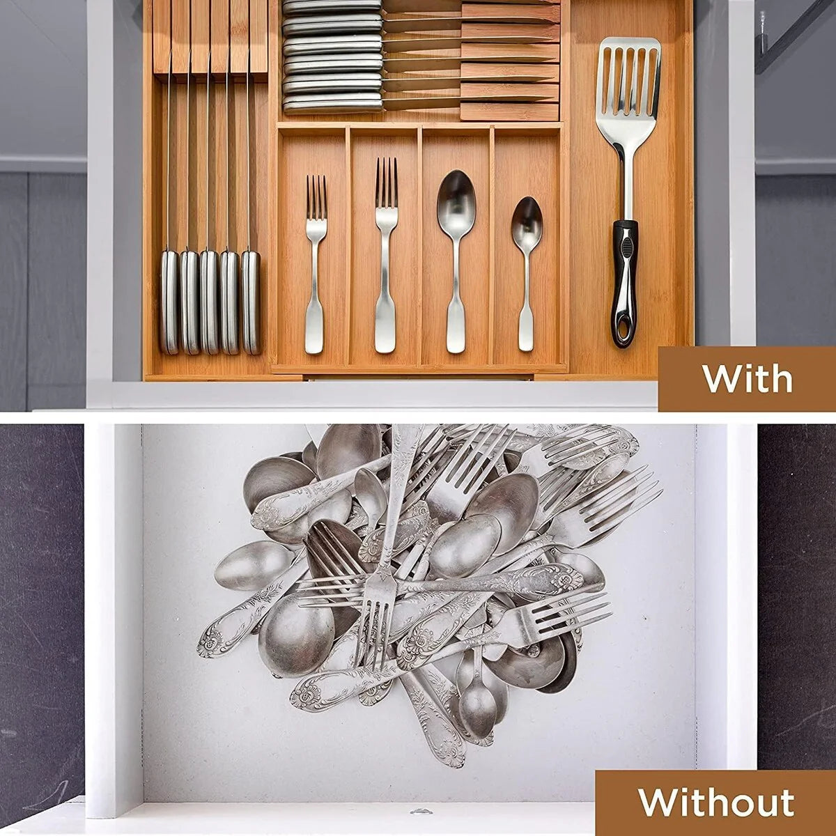 Utensil Organizer - Bamboo Expandable Silverware Organizer, Utensil Holder & Cutlery Tray with Divider and Removable Knife Block