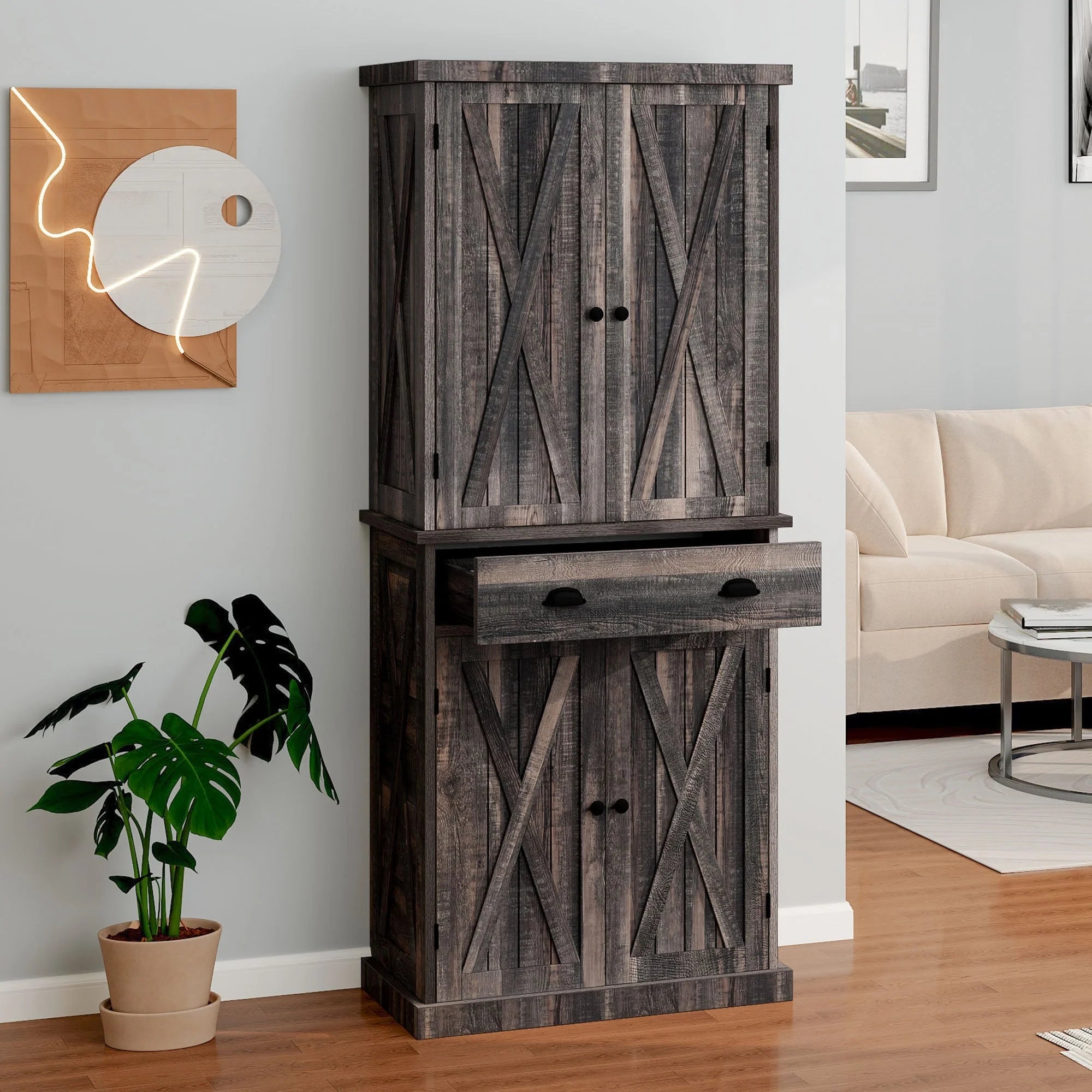 Moasis Farmhouse Freestanding 72'' Kitchen Pantry Storage Cabinet Cupboard with Drawer Adjustable Shelves